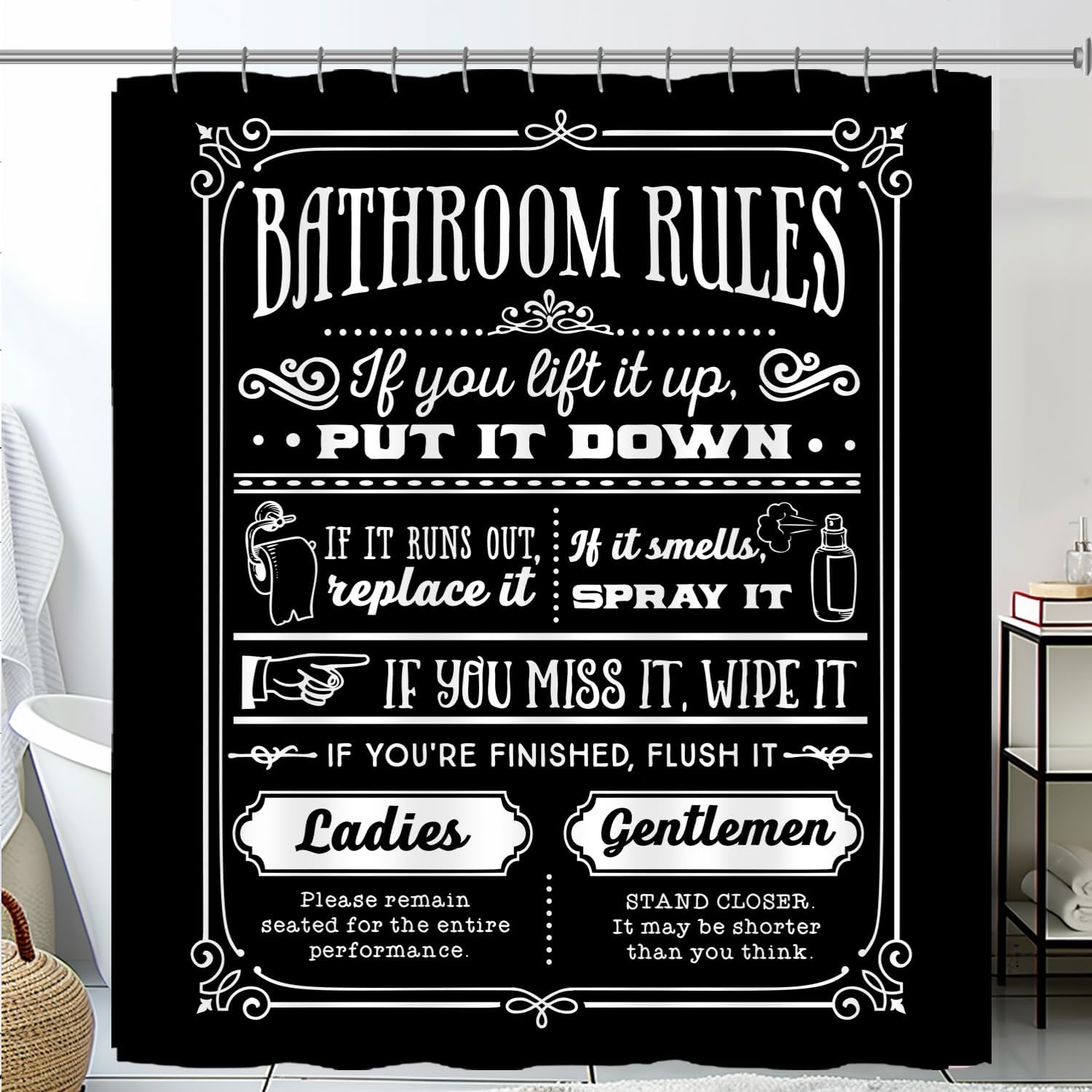 Funny Quotes Shower Curtains, Cool Bathroom Rules Shower Curtain, Fun 72 x 84 Inch Black and White Fable Motto Waterproof Shower Curtains with Metal Hooks for Bathroom Decor