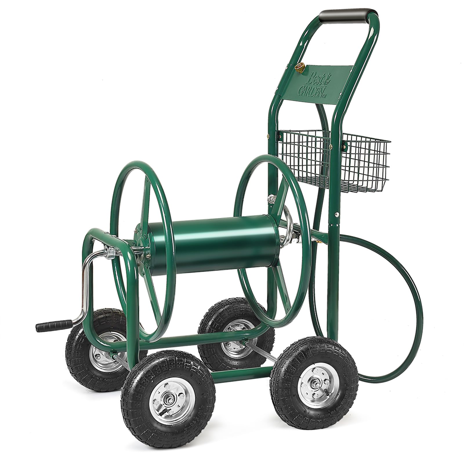 FANTASK Carro de Manguera para Manguera de 5/8", Carro de Manguera de jardín con Cesta, Soporte para Manguera de Metal, dispensador de Manguera de hasta 80 m, Carrete de Manguera con Manguera de