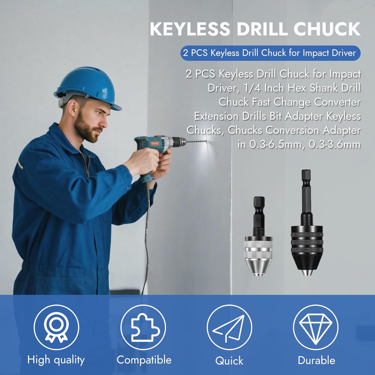 2 Pack Keyless Drill Chuck Adapter – 1/4" Hex Shank Quick Change, Heavy Duty Drill Bit Converter for Impact Driver & Power Tools, 2 Sizes: 0.3-6.5mm & 0.3-3.6mm