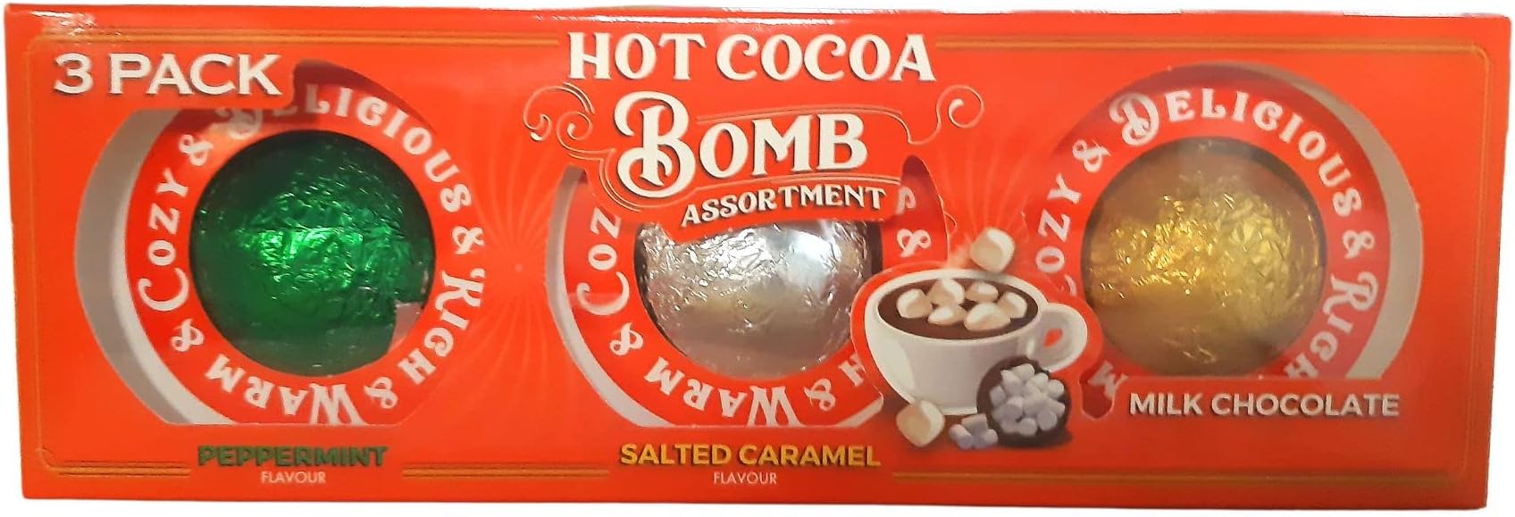 Hot Cocoa Bomb - 3 Pack - Assorted Flavours - Milk Chocolate, Salted Caramel And Peppermint Flavours with Marshmallows - Delicious Winter Warmer