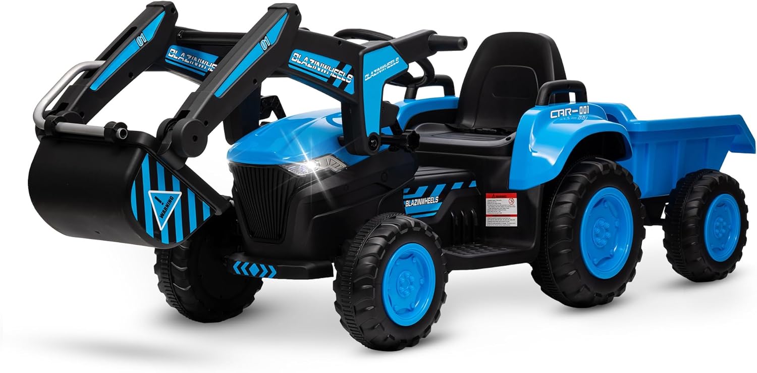 Kids 12V 3 in 1 Ride on Excavator & Tractor with Detachable Trailer, Ride on Car Toy with Remote Control, Digger, LED Lights, Music, Kids Electric Vehicles for Boys Girls, Blue