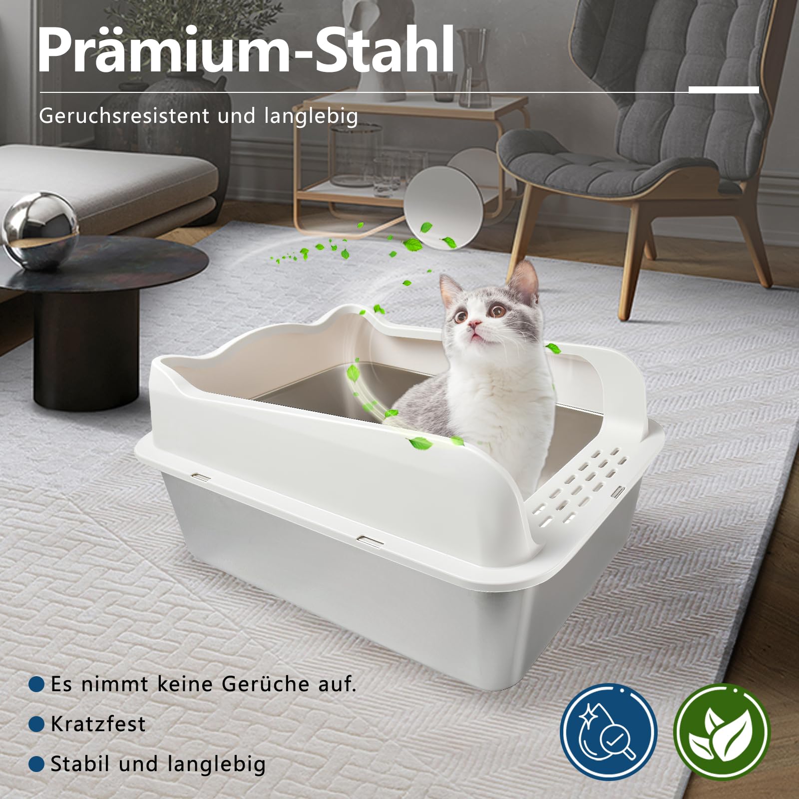 Katzenklo,Großes Katzentoilette 50 * 35 * 25 cm Niemals Gerüche, Rostfrei, Antihaft Glatte Oberfläche, Edelstahl Katzenklo Fassungsvermögen für Leichtere Reinigung (50 * 35 * 25 cm)