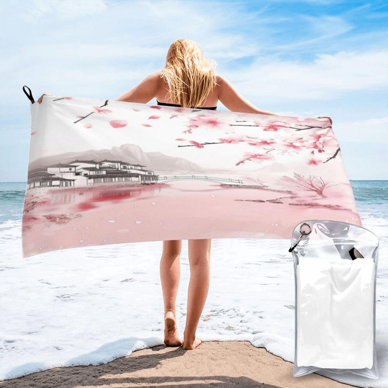 Anceky Cherry Blossom Landscape with Traditional House Quick Dry Microfiber Travel Towel with Carry Case and Carabiner 31.5"X63"