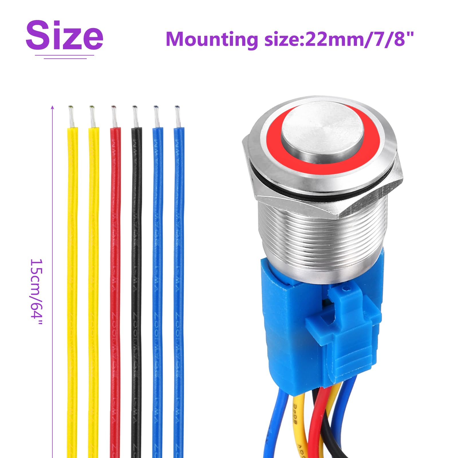 DMiotech 2 Pack 7/8 Inch Stainless Steel Latching Push Button Switch Domed Head 5A 12-24V Silver Shell 6 Pin with Cable Socket Red Ring LED 1NO1NC for Car Boat Systems Custom Setups - Image 4