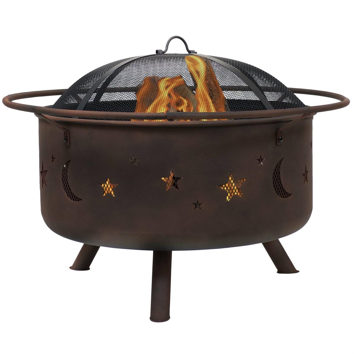 Moon Stars Sky Steel Fire Pit Bowl with Screen Cooking Grate and Poker New