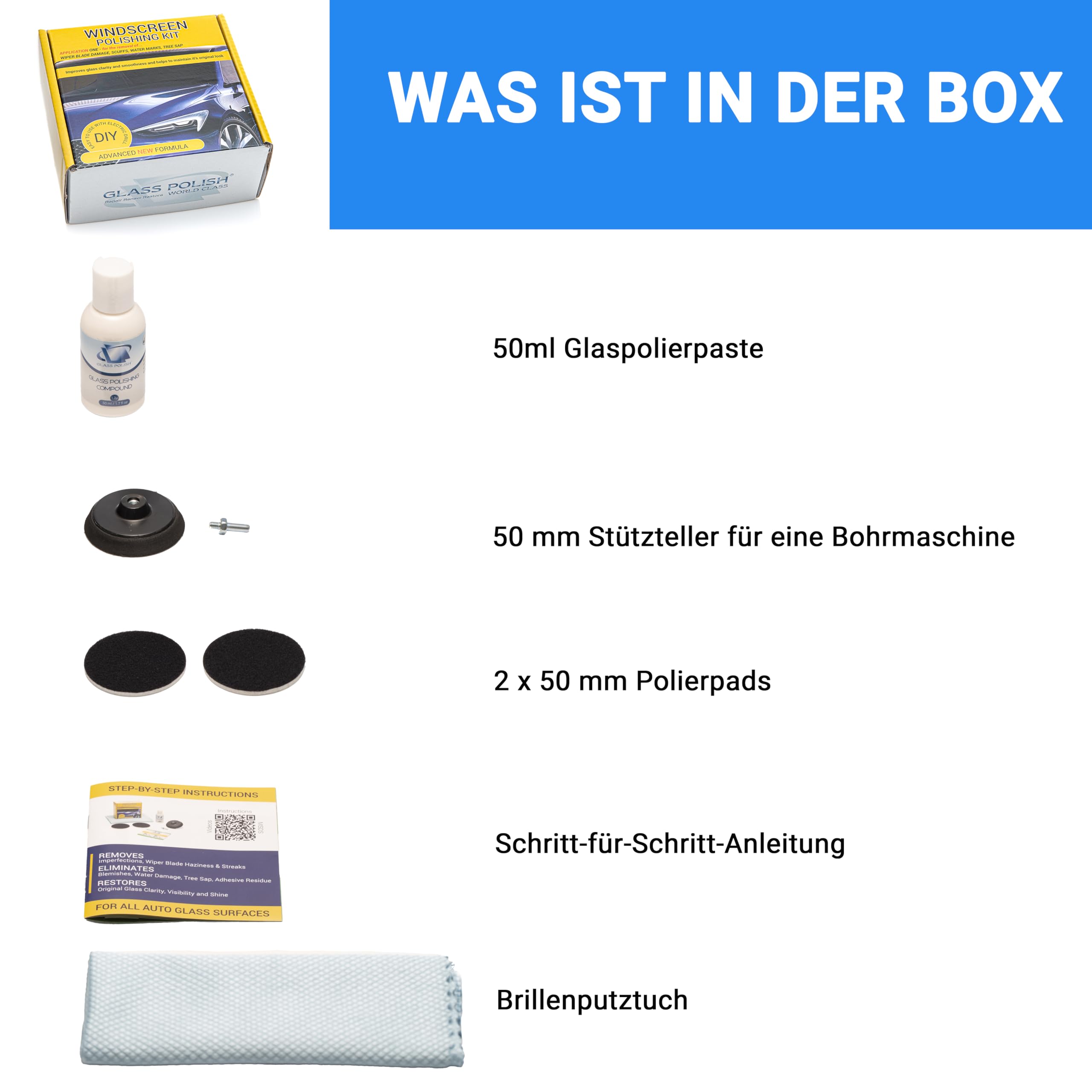 Glass Polish - Windschutzscheiben-Polierkit - 50mm DIY Autoglasreparatur - Entfernen von Schäden durch Wischerblätter, Wiederherstellung von Klarheit und Glanz