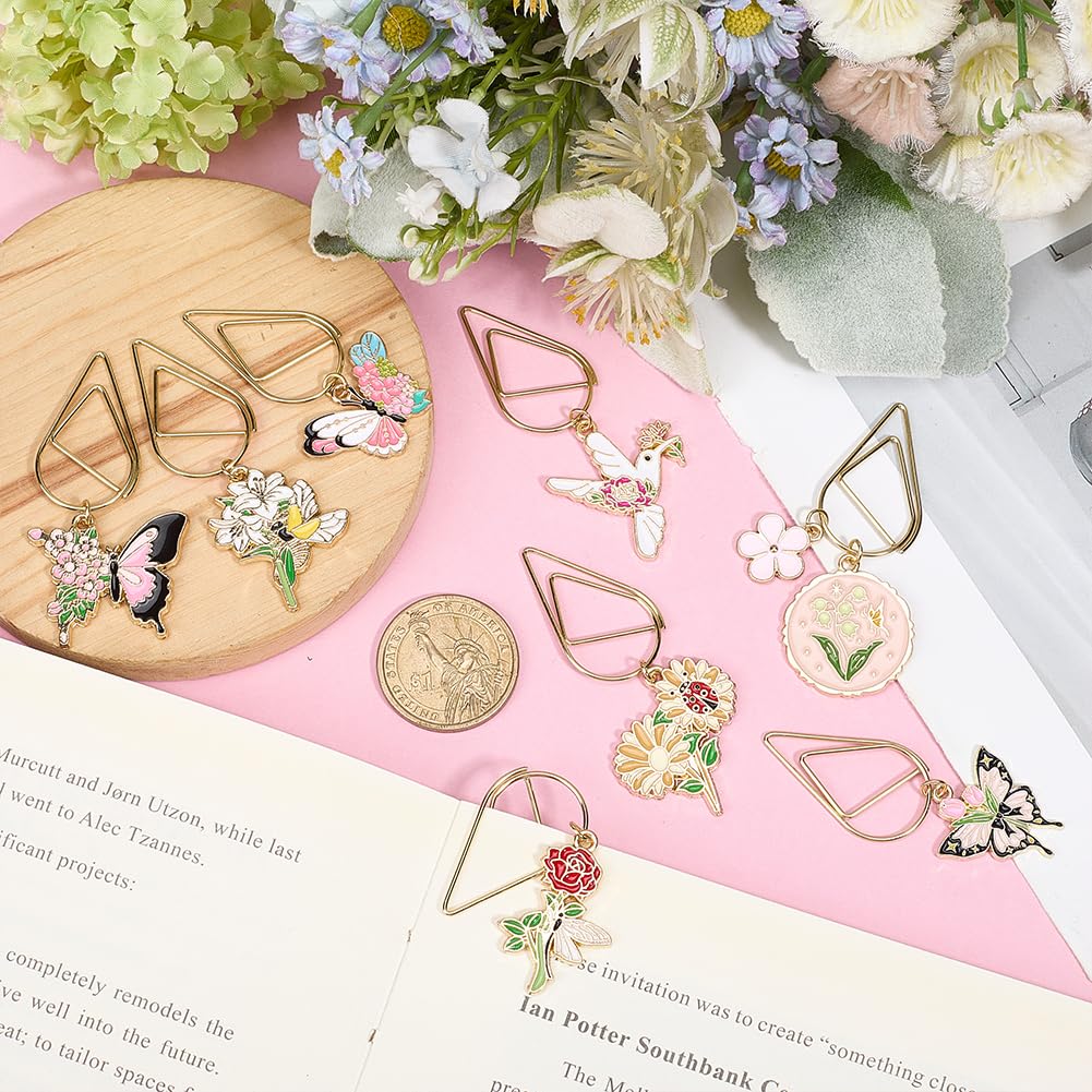 Lot de 8 trombones en métal en forme de fleurs - Jolis marque-pages avec émail - Fleurs et papillons - Cadeau pour les amateurs de livres - Marque-page - Articles de papeterie - École
