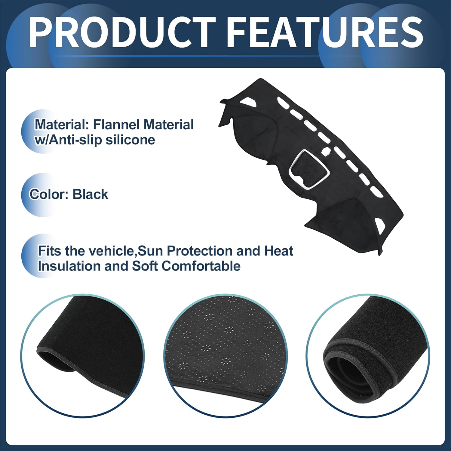 Dash Cover, Center Console Non-Slip Dashboard Carpet Mat for Hyundai Santa Fe 2013-2018 Flannel Black,1Pc