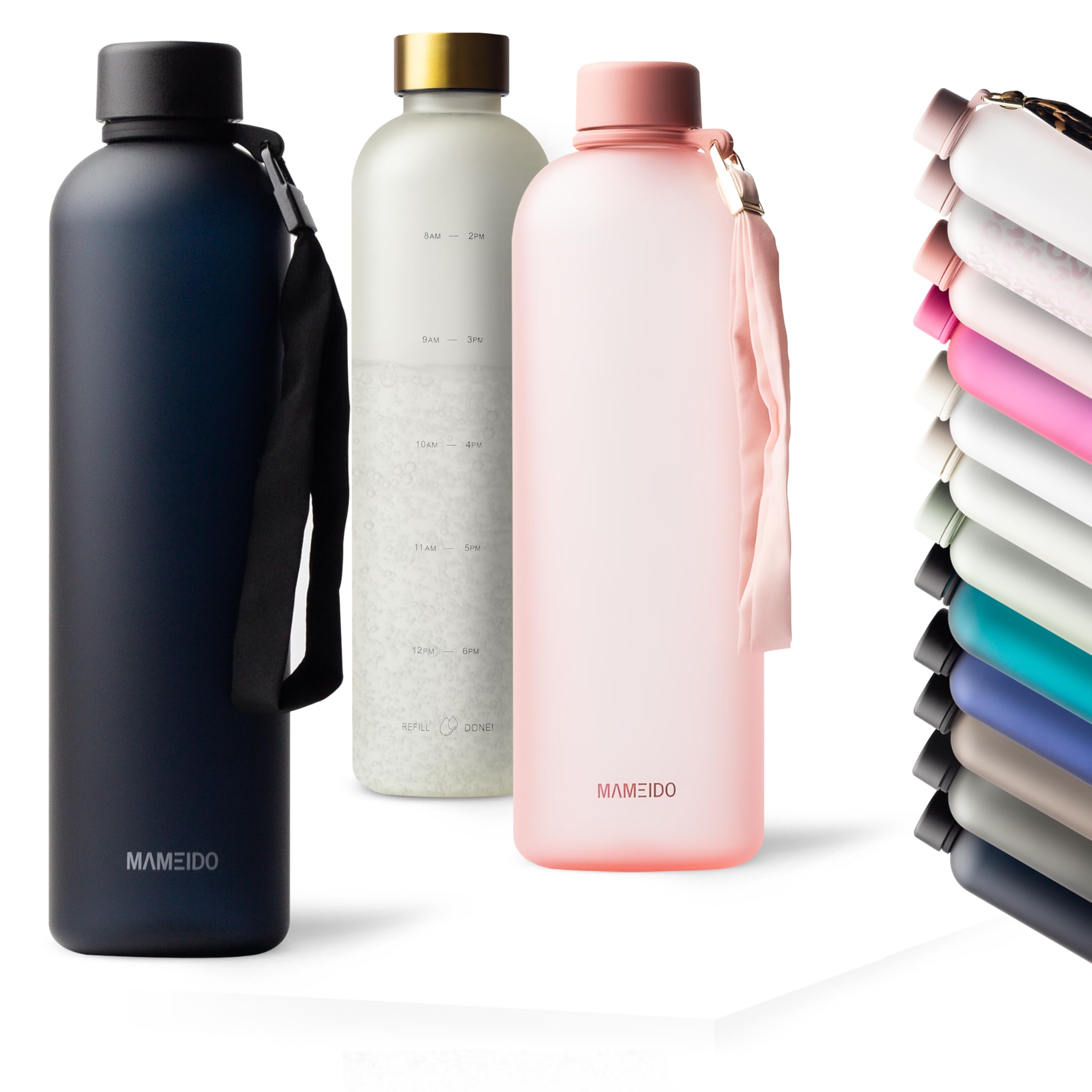 MAMEIDO Water Bottle 1 l, Motivational Time Markings, BPA free, Leak-Proof, Tritan Co-Polyester Plastic water bottle, Sports Bottle (Rich Black)