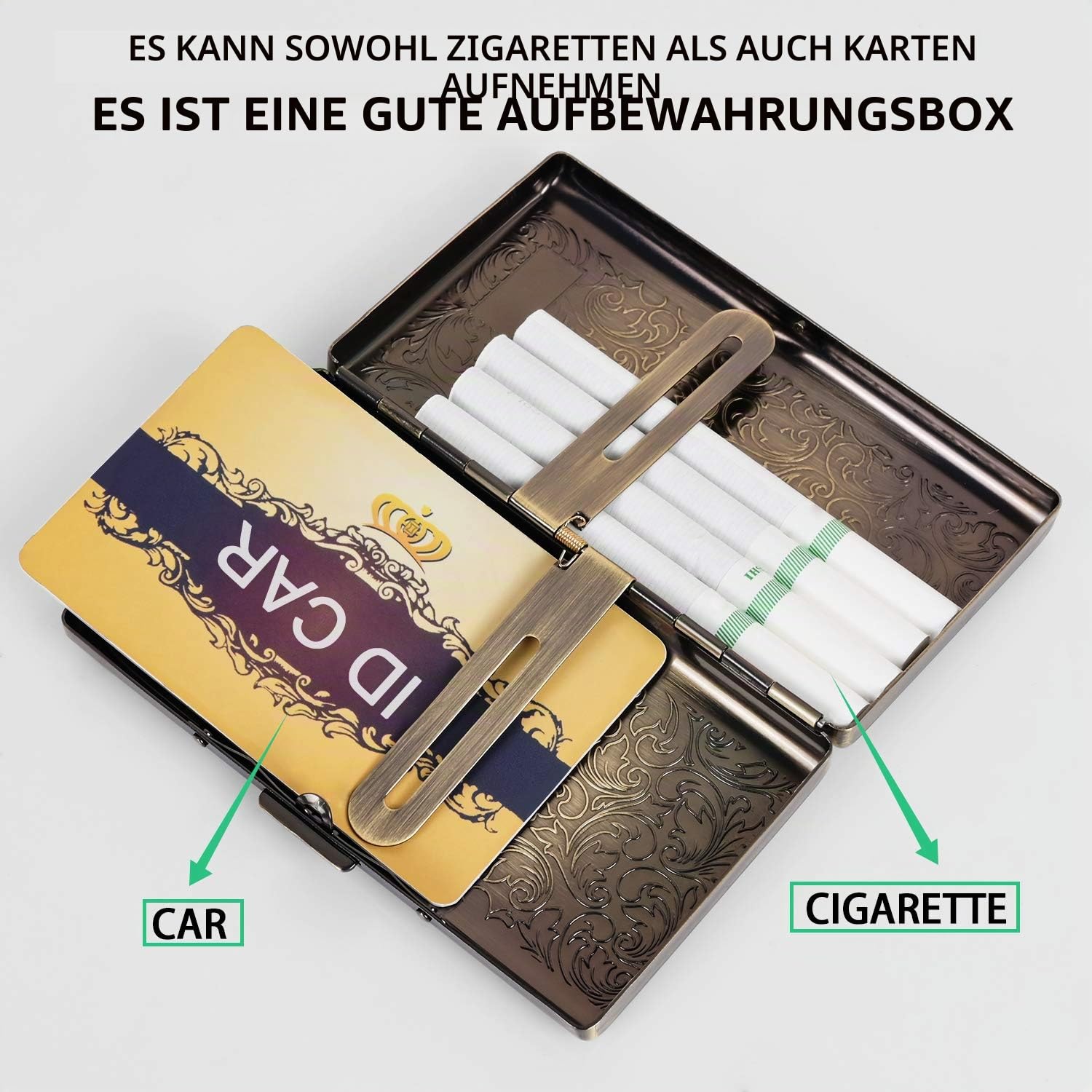 Zigarettenetui im Retro-Stil, aus Metall, doppelseitig, mit Federclip, für 14 Zigaretten à 100 mm, Kreditkartenhalter, sichere Geldbörse für Damen und Herren (Bronze)