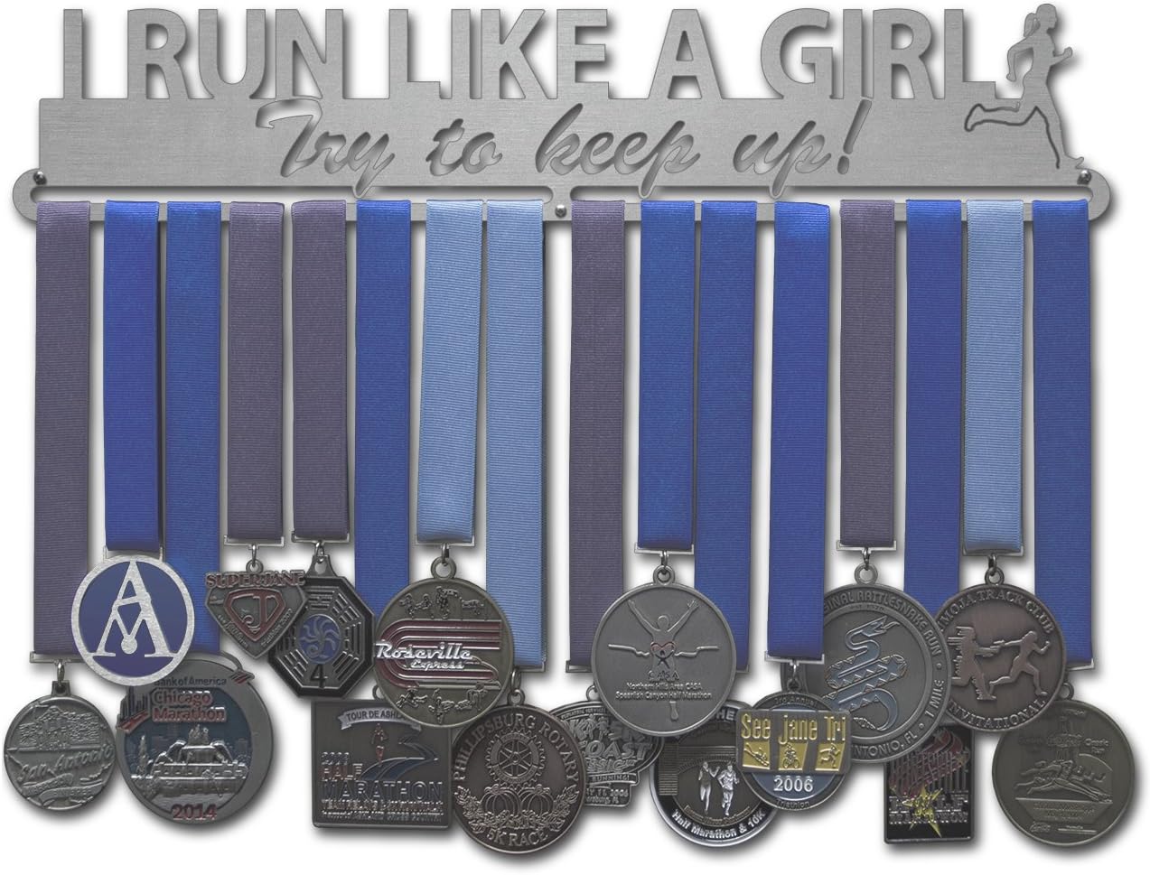 Allied Medal Hangers - I Run Like A Girl Try to Keep Up (18" Wide with 3 Hang Bars) - Medal Hanger Holder Display Rack - Multiple Variations Offered!