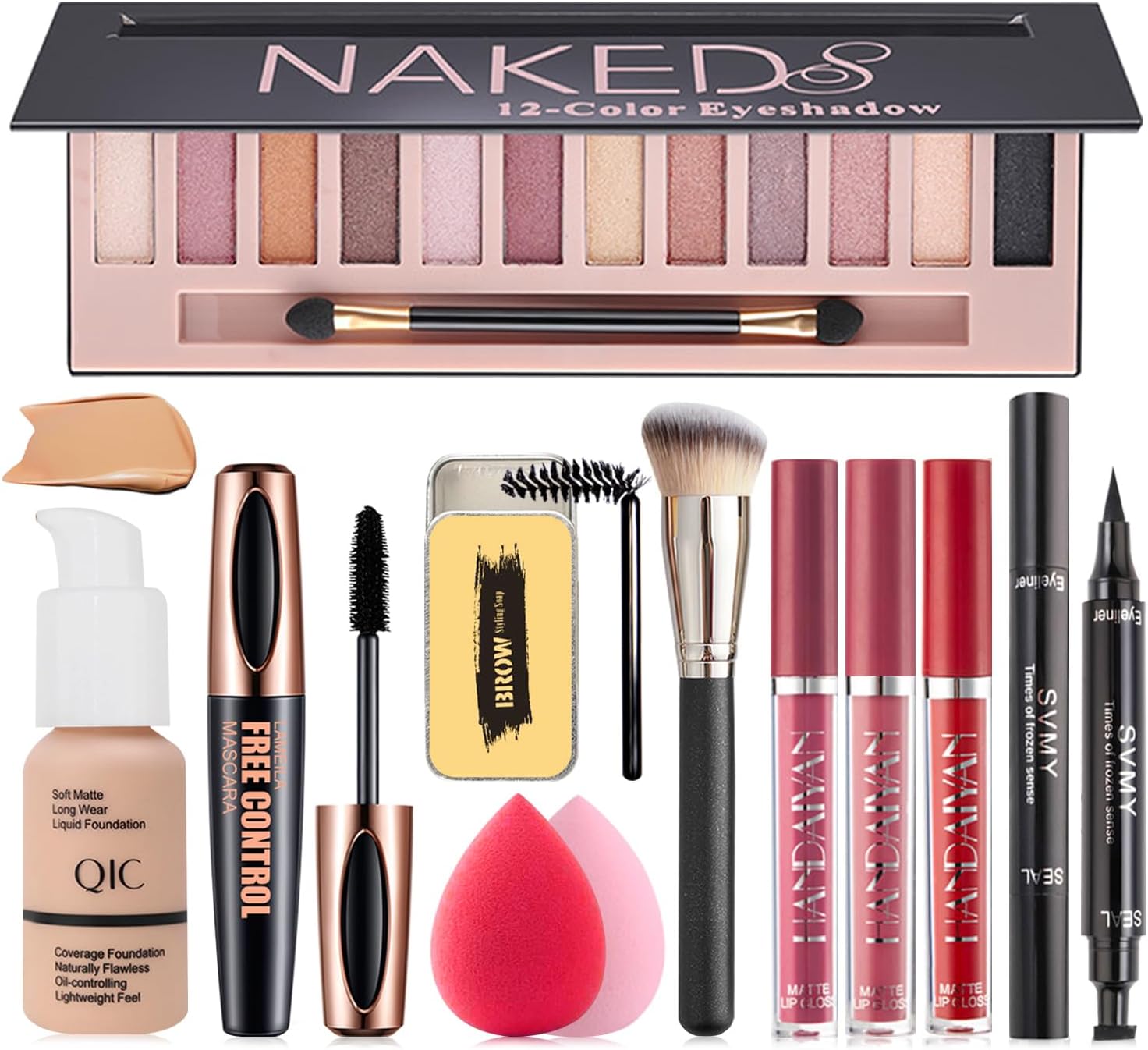 All in One Makeup Kit, 12 Colors Eyeshadow Palette, Beige Foundation, Lipstick Set, Eyebrow Soap, Eyeliner Stamp, Waterproof Mascara, Makeup Brush, Makeup Sponge, Gift Set for Women, Girls & Teens