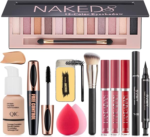 Kit de Maquillaje Todo en Uno para Mujer - Set Completo de Regalo para Viaje Incluye Sombra de Ojos, Base, Set de Labiales, Jabón para Cejas, Sello para Delineador, Máscara de Pestañas, Brochas y Esponjas - Ideal para Uso Diario y Regalo