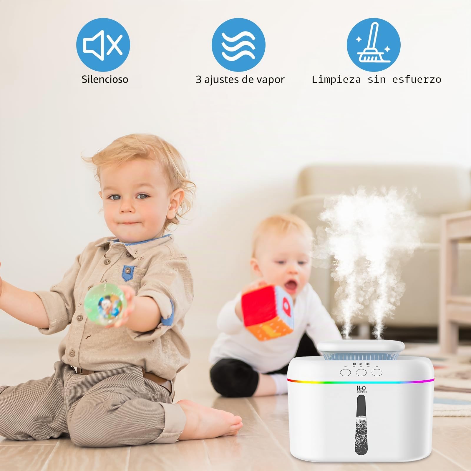 Humidificador de aire 2L para habitación bebé plantas con 2 modos nebulización ajustables y luz nocturna LED 28dB