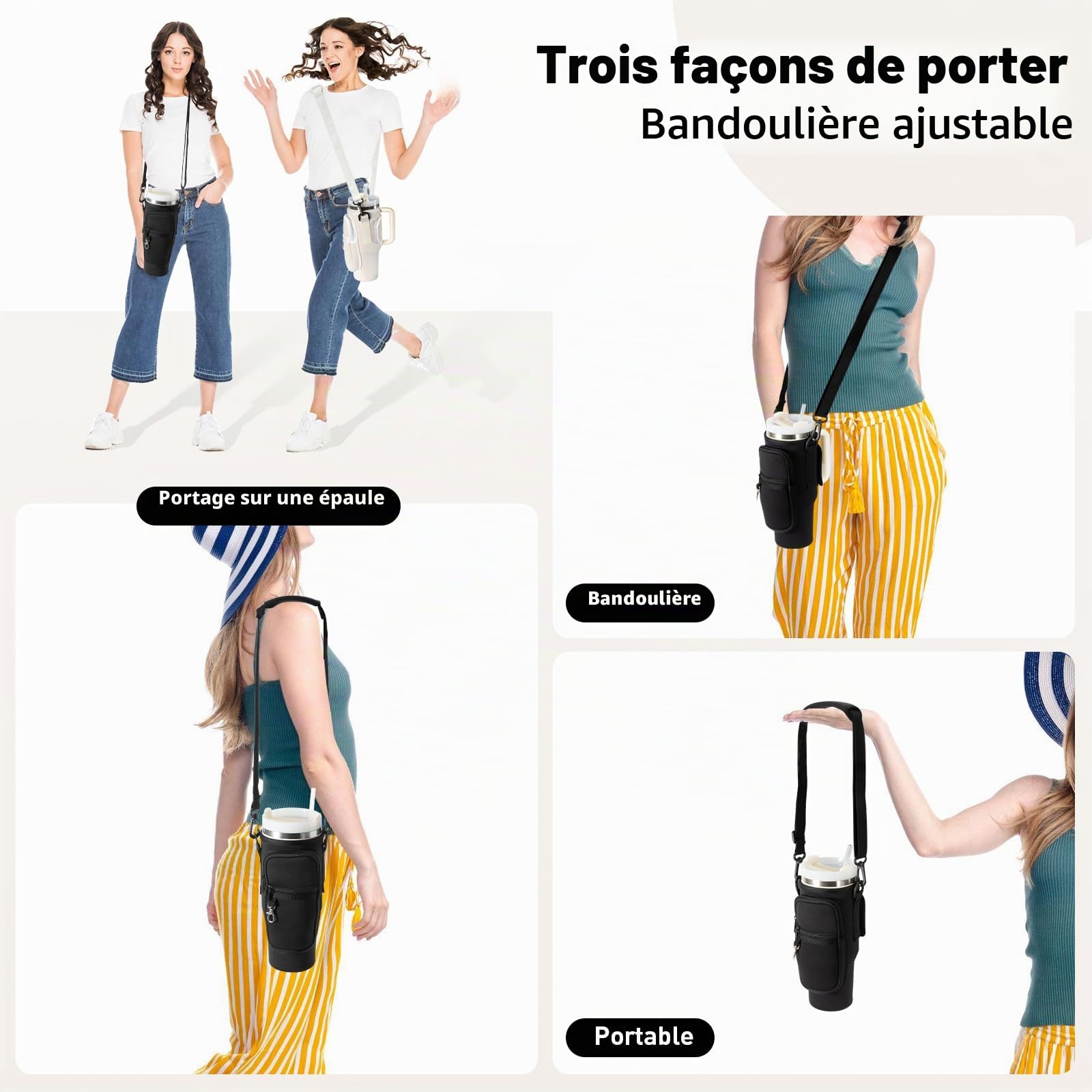 Stanley Cup Sac porte-bouteille d'eau avec sangle, accessoires paille anti-fuite et mousqueton - Noir