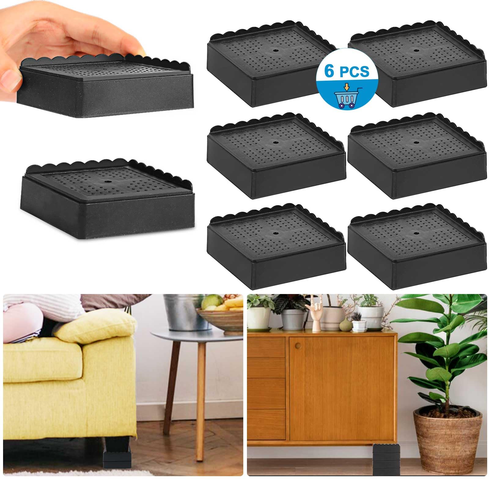 Elevadores de cama de 1, 2, 3 y 4 pulgadas, resistentes, ajustables para mesa, escritorio, sofá, silla, reclinable, marco de patas para dormitorio, bloques apilables (negro, paquete de 6, 1