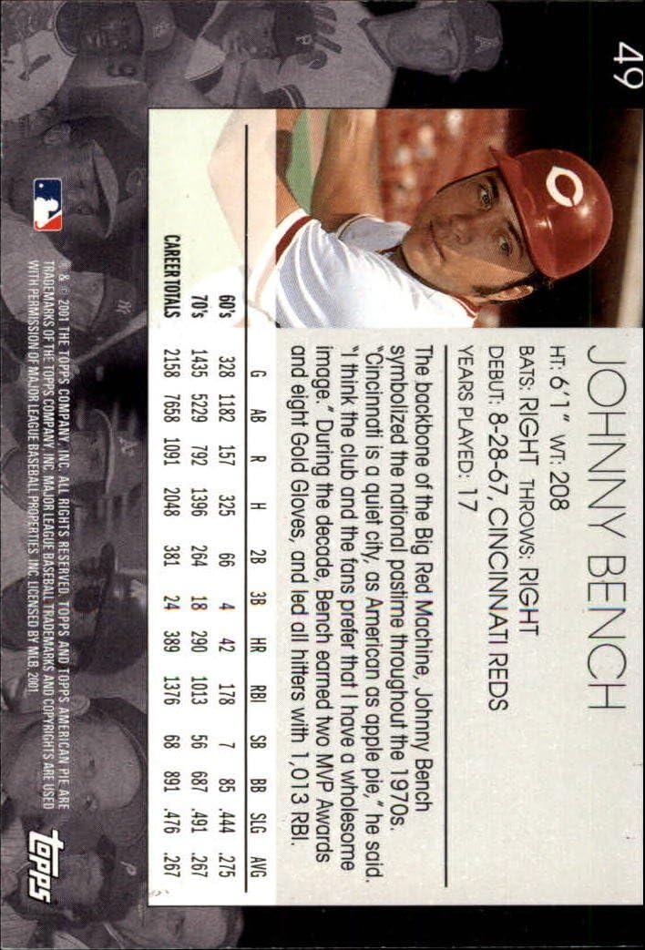 2001 Topps American Pie #49 Johnny Bench MLB Baseball Trading Card