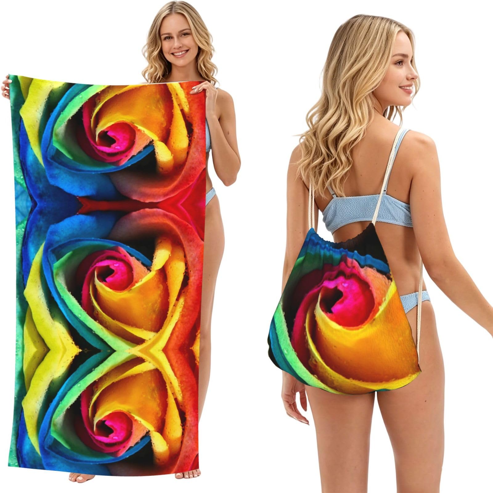 ESNAIUVCD Rainbow Rose Print Beach Towel For Adults,Towel With Drawstring Bag, Travel Pool Swimming Sports Shower Sand Free Quick Dry Bath Towel For Pool, Beach, Yoga- 180x60cm