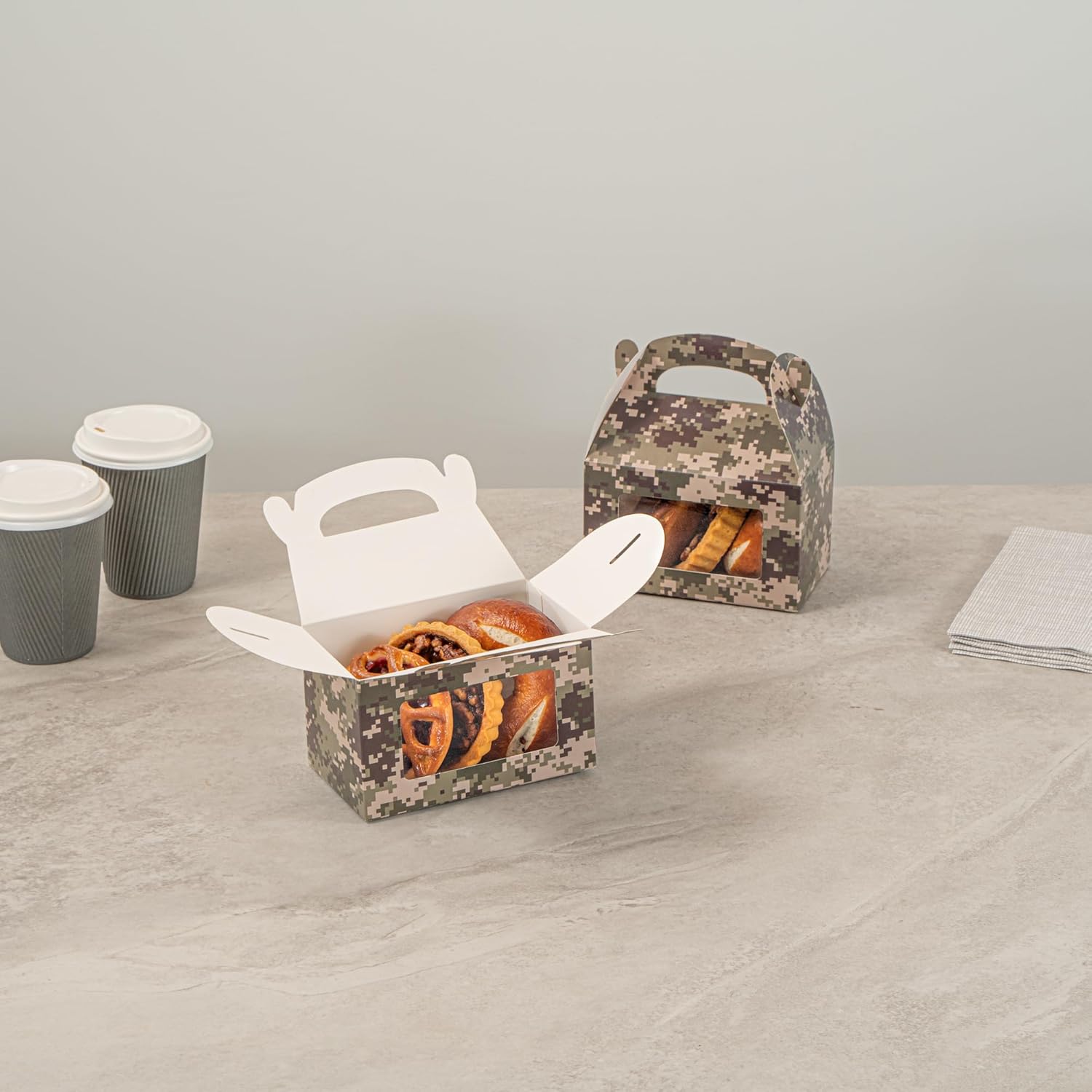 Bio Tek 6 x 3.5 x 3.5 Inch Gable Boxes For Party Favors, 25 Attractive Gift Boxes - Camouflage Print, Built-In Handle, Paper Barn Boxes, With Clear PET Window, For Parties - Image 13
