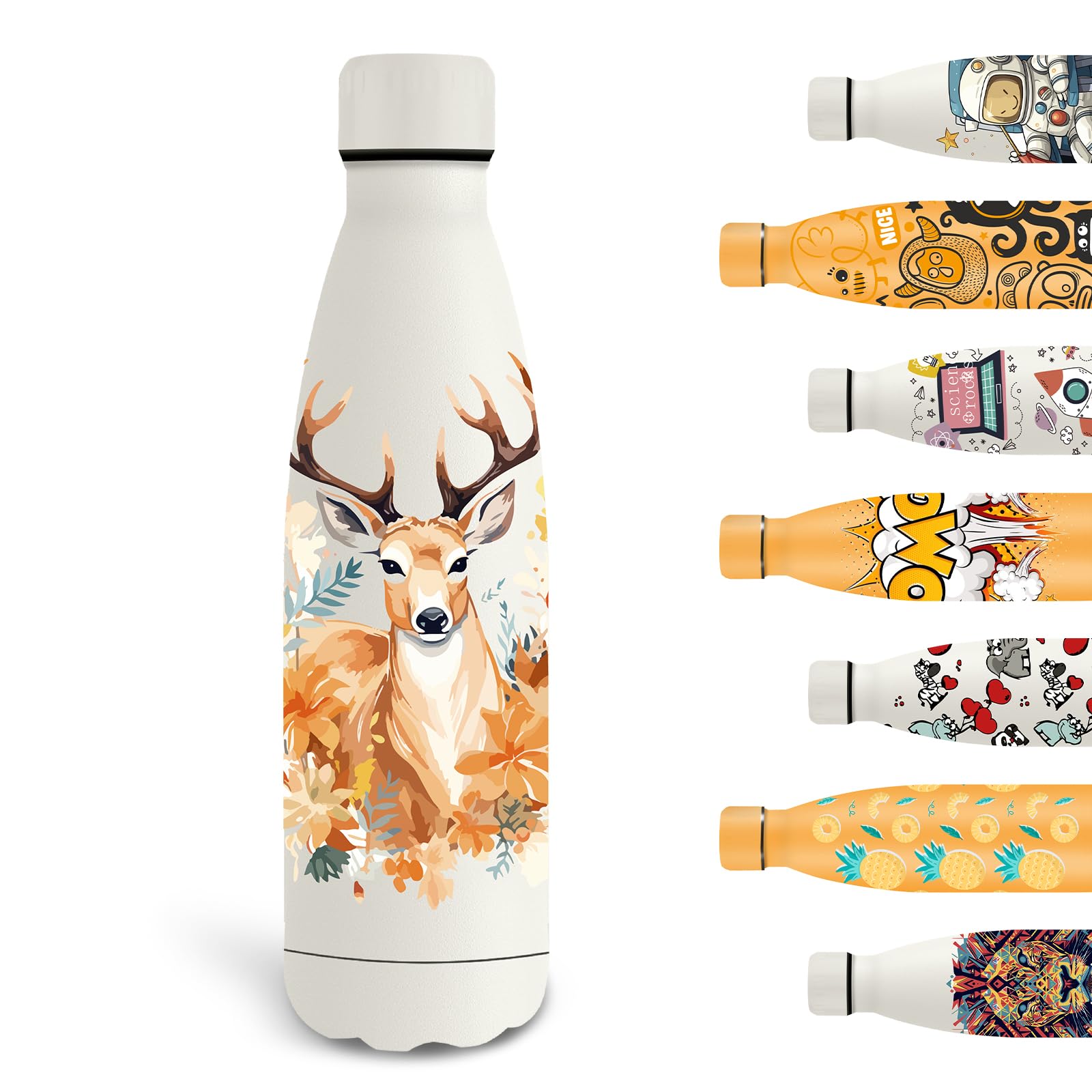 Grsta Water Bottle 500 ml, Stainless Steel BPA-Free, Leak-Proof Water Bottle, Personalised with Deer Pattern, Children's Drinking Bottle for School, Bike, Camping, Running, White