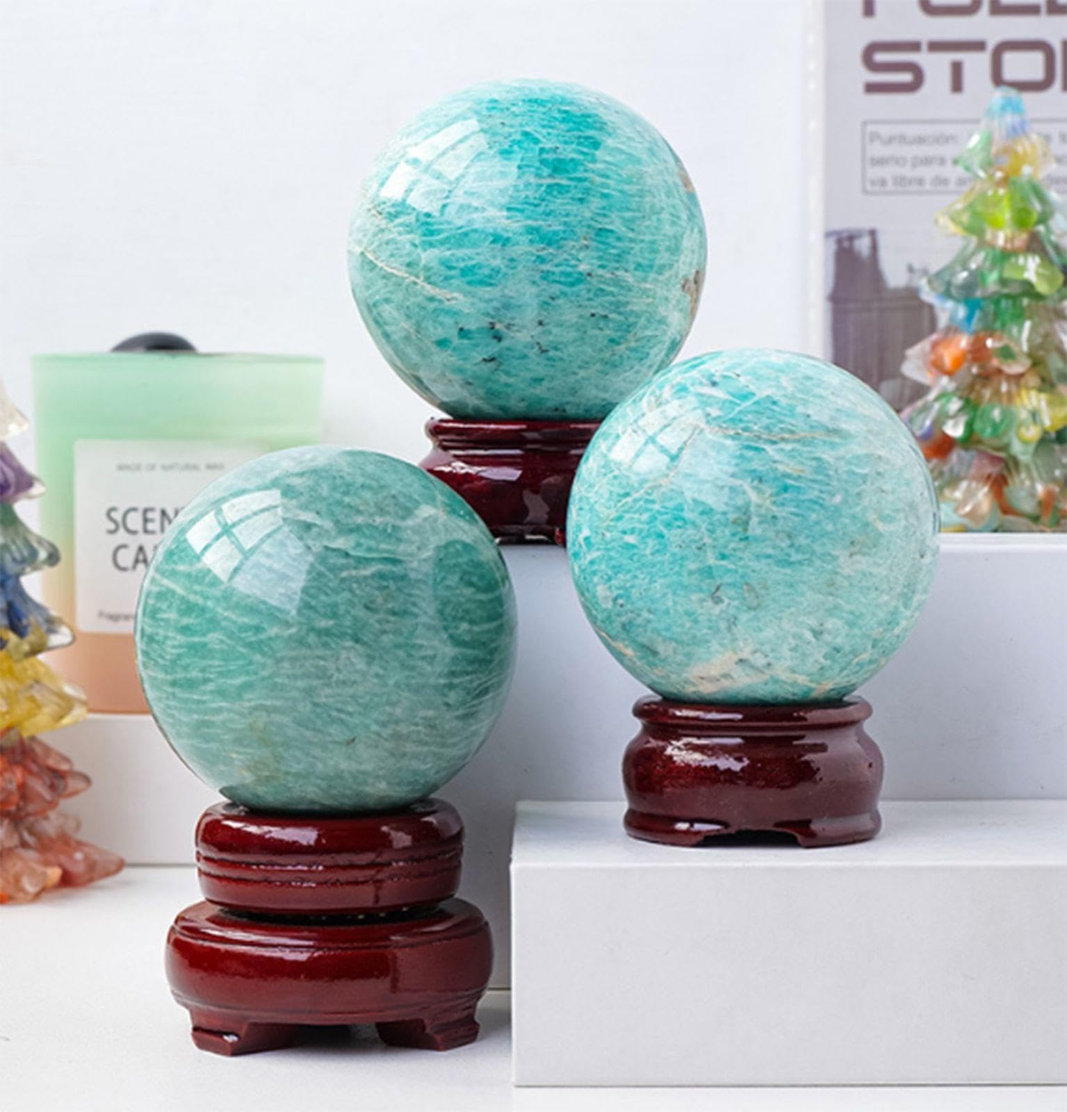 Naturalny Amazonit Feng Shui Mineralny Kamień Szlachetny Kula Uzdrawiająca Kryształowa Kula Rzeźba Figurka Z Drewnianym Stojakiem Do Dekoracji Wnętrz Wróżbiarstwo,75-80mm