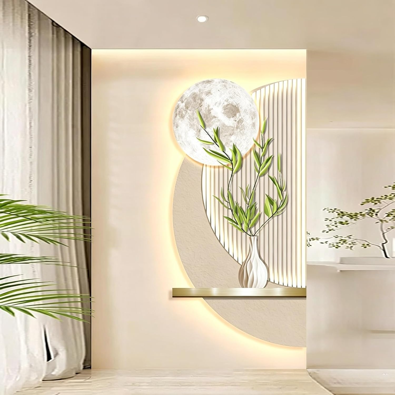 Modern 3D LED Wall Art - Moon & Floral Design, Remote Control Light Sculpture, Frameless Decor for Living Room, Entryway, Unique Home Accent, Contemporary Wall Decor