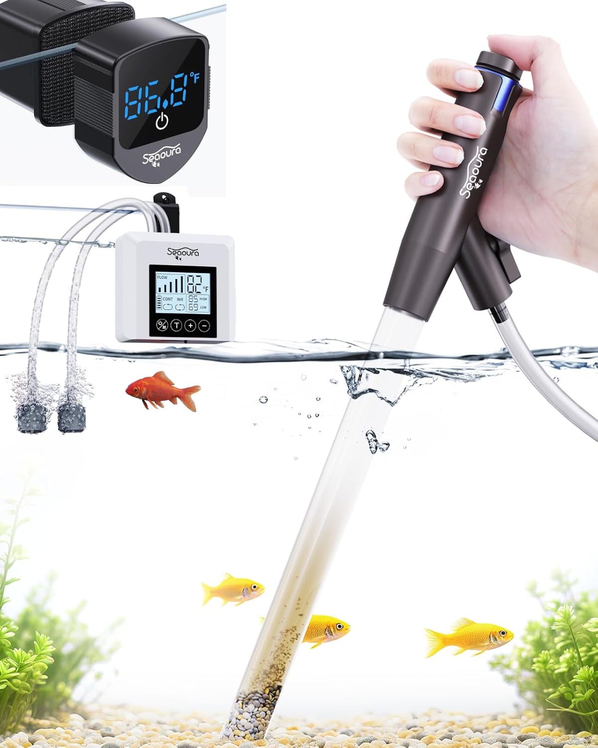 SEAOURA Aquarium Vscuum & Rechargeable Portable Aerator & Magnetic Cleaner