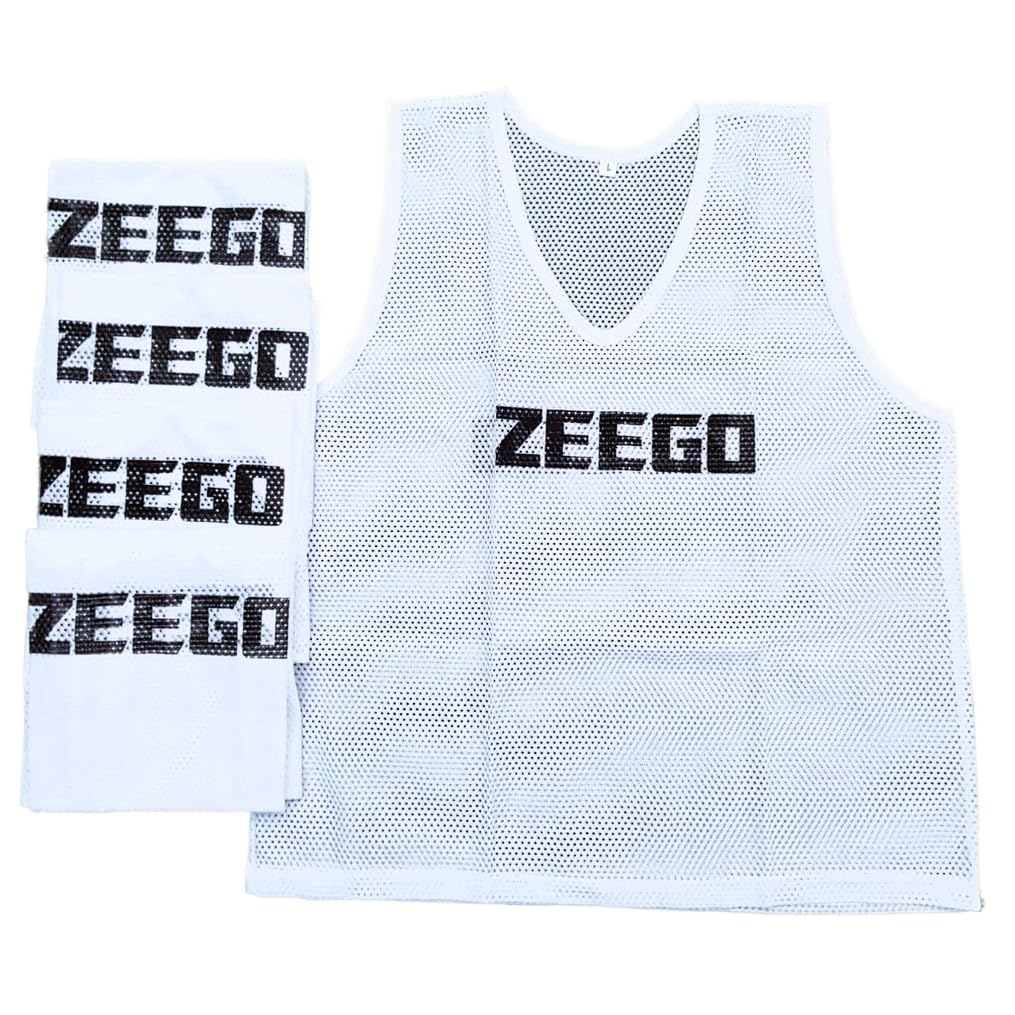 ZEEGO Pro Football Training Bibs (5 Pack), Comfortable Weatherproof Multi-Sport Mesh Vests in 7 Colours & 4 Sizes, Ideal for Football Training - White 5 Pack