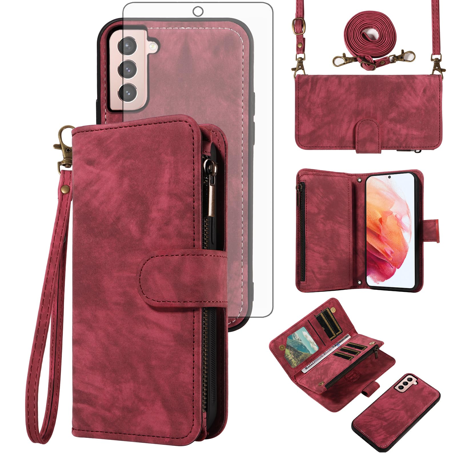 Asuwish Phone Case for Samsung Galaxy S21 5G 6.2 inch Zipper Wallet Magnetic Cell Cover with Tempered Glass Screen Protector Crossbody Wrist Strap