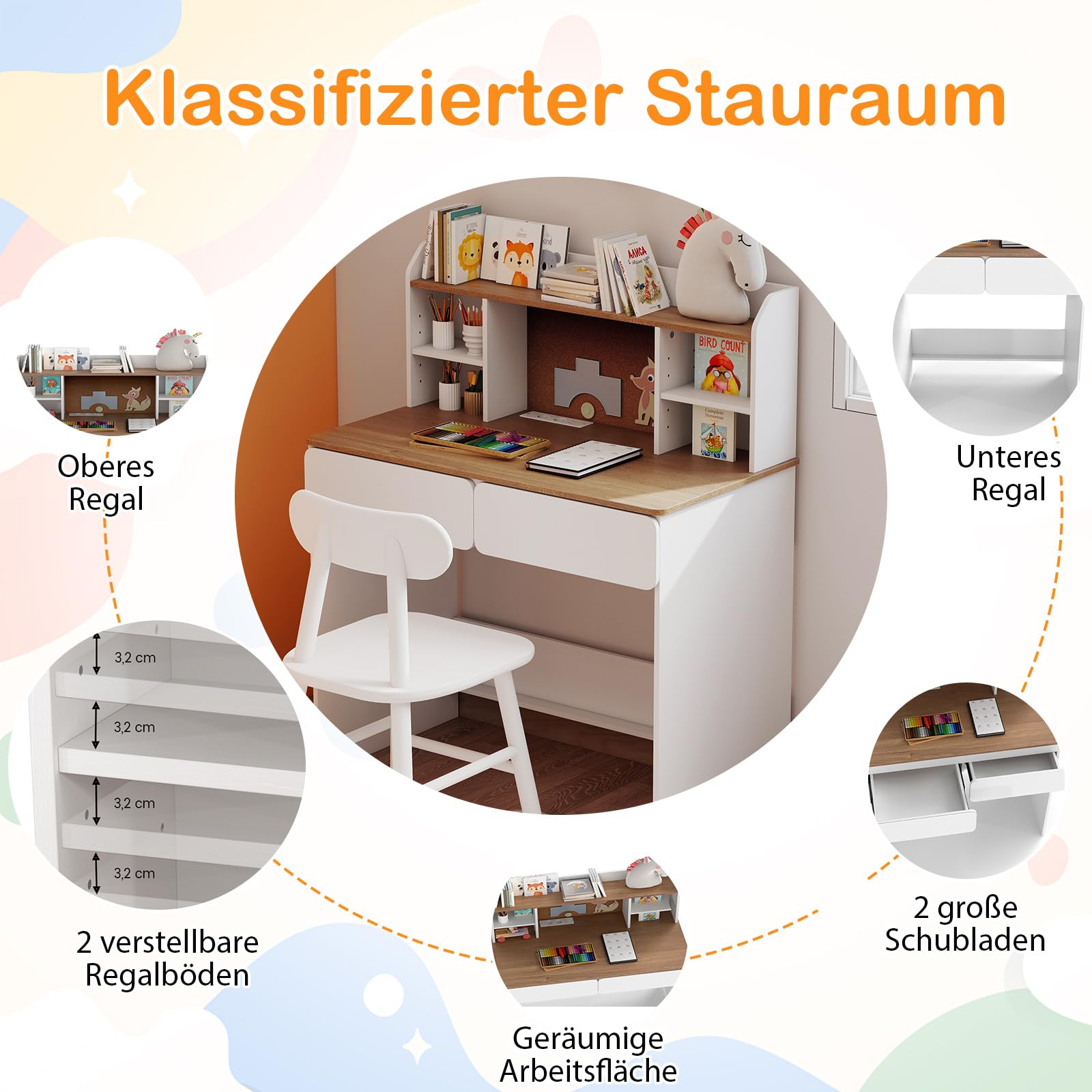COSTWAY Schreibtisch Kinder mit Ladestation, Kinderschreibtisch aus Holz, Schülerschreibtisch mit Pinnwannd, 2 Schubladen & verstellbaren Regalen, Jugendschreibtisch für Kinder ab 6 Jahren