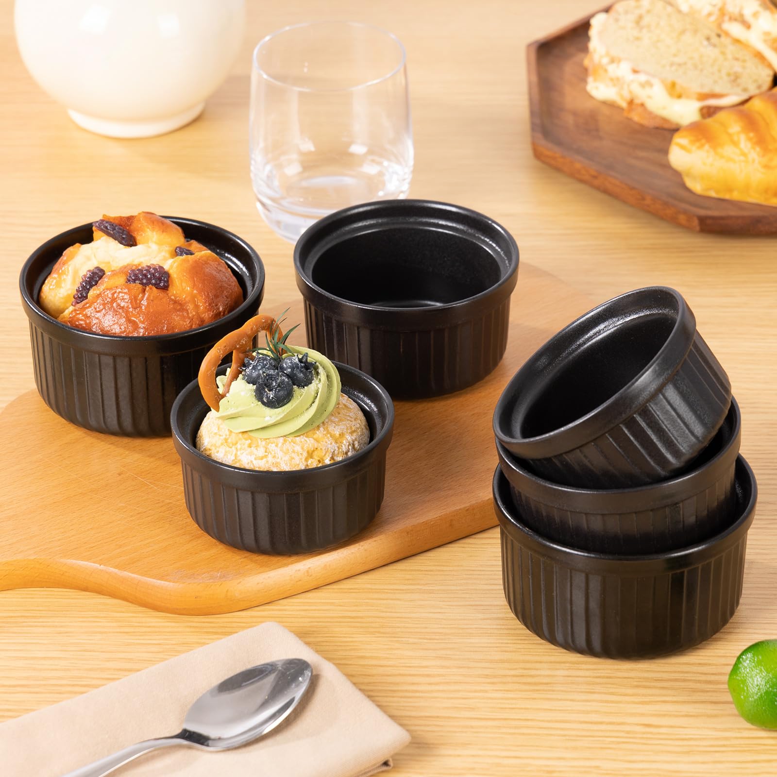 Yachi Ramequines de cerámica de 6 onzas, juego de 6, Ramekin de porcelana, apto para horno, soufflé de gres, soufflés para hornear, crema brulées, natillas, pudines, apto para horno y lavavajillas