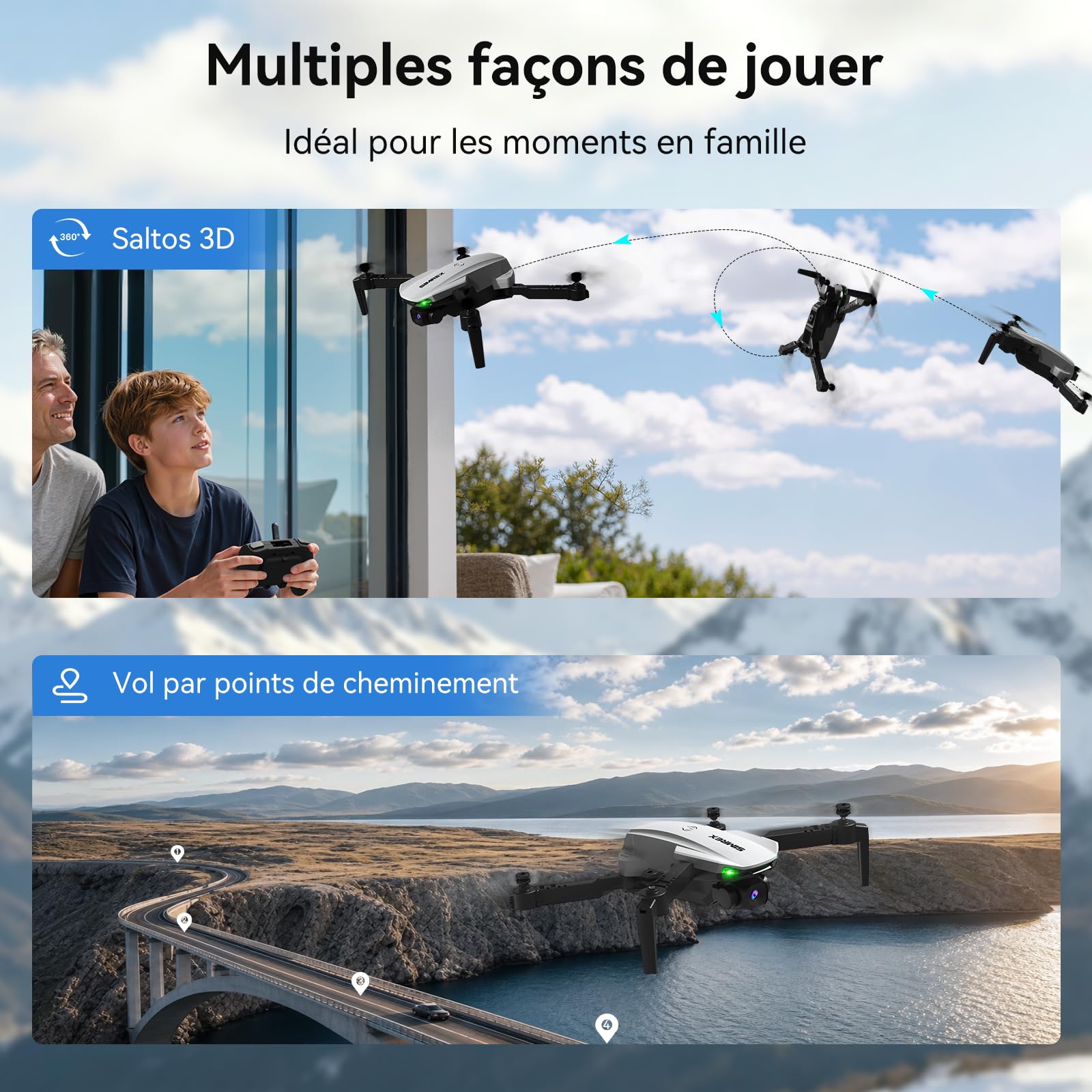 SIMREX Drone avec caméra 1080p pour enfants et adultes (blanc)