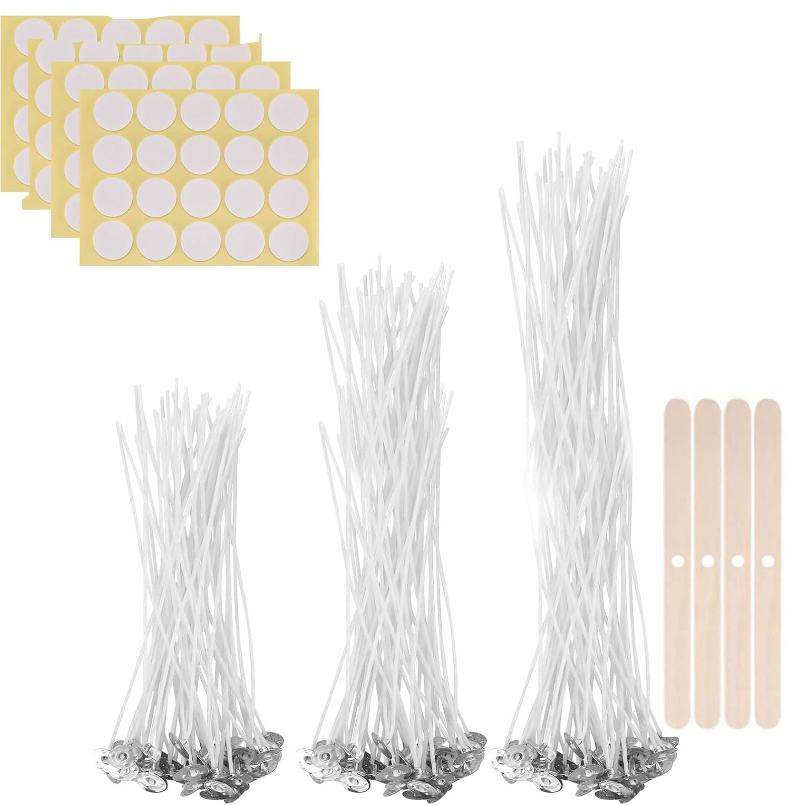 Gqunit Candle Wicks, 150 Pcs Long Pre Waxed Wicks (10Cm/12Cm/15Cm) For Candle Making, Diy Crafts, With 4 Wick Holders & 4 Sheets Dot Stickers