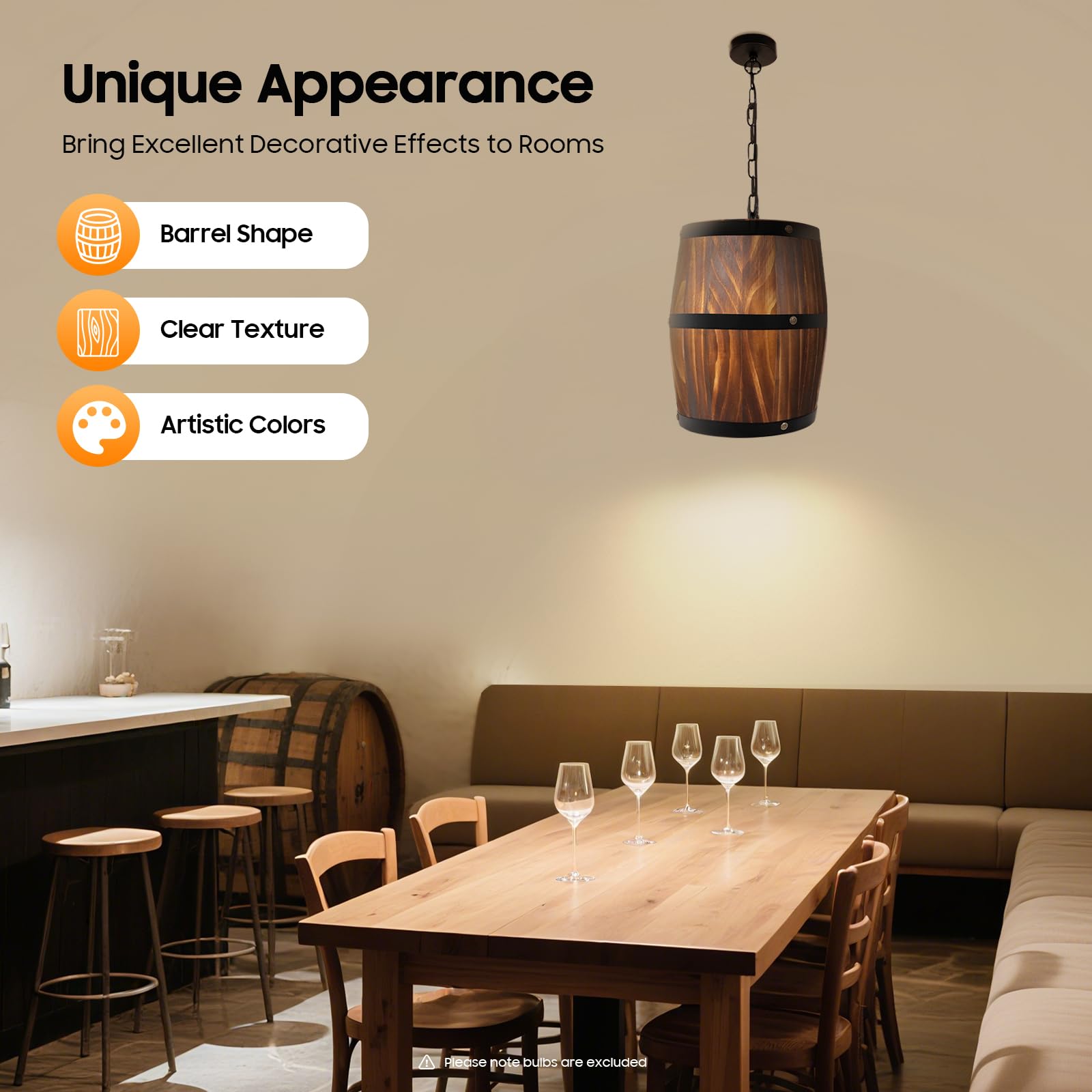 Lampa wisząca w stylu vintage, drewniana beczka na wino, lampa sufitowa, lampa wisząca, lampa wisząca, kawiarnia, bar, atmosfera retro, 24 x 24 x 30 cm