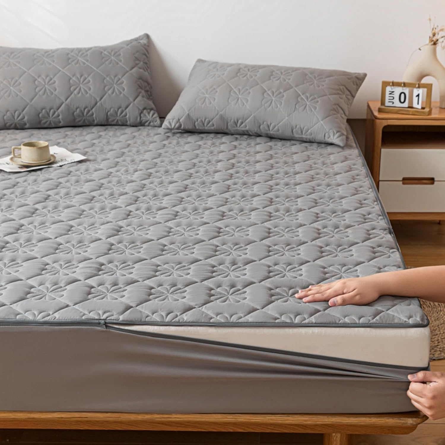 Matratzenschoner mit Reißverschluss 180x200 90 x 200 200x200 Boxspringbett, Anpassbare Größe, Warm und Bequem, Extra Weicher Matratzenbezug(Grau,140x200+25cm)