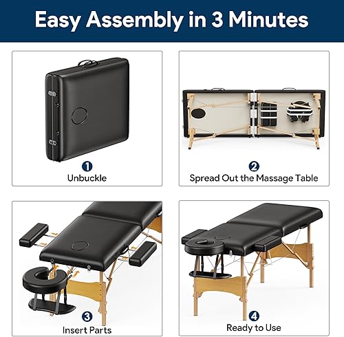 Vista 7 de Brelley Mesa de masaje portátil de madera para pestañas, 24 pulgadas de ancho, altura ajustable, mesa de spa de 2 pliegues, cama plegable
