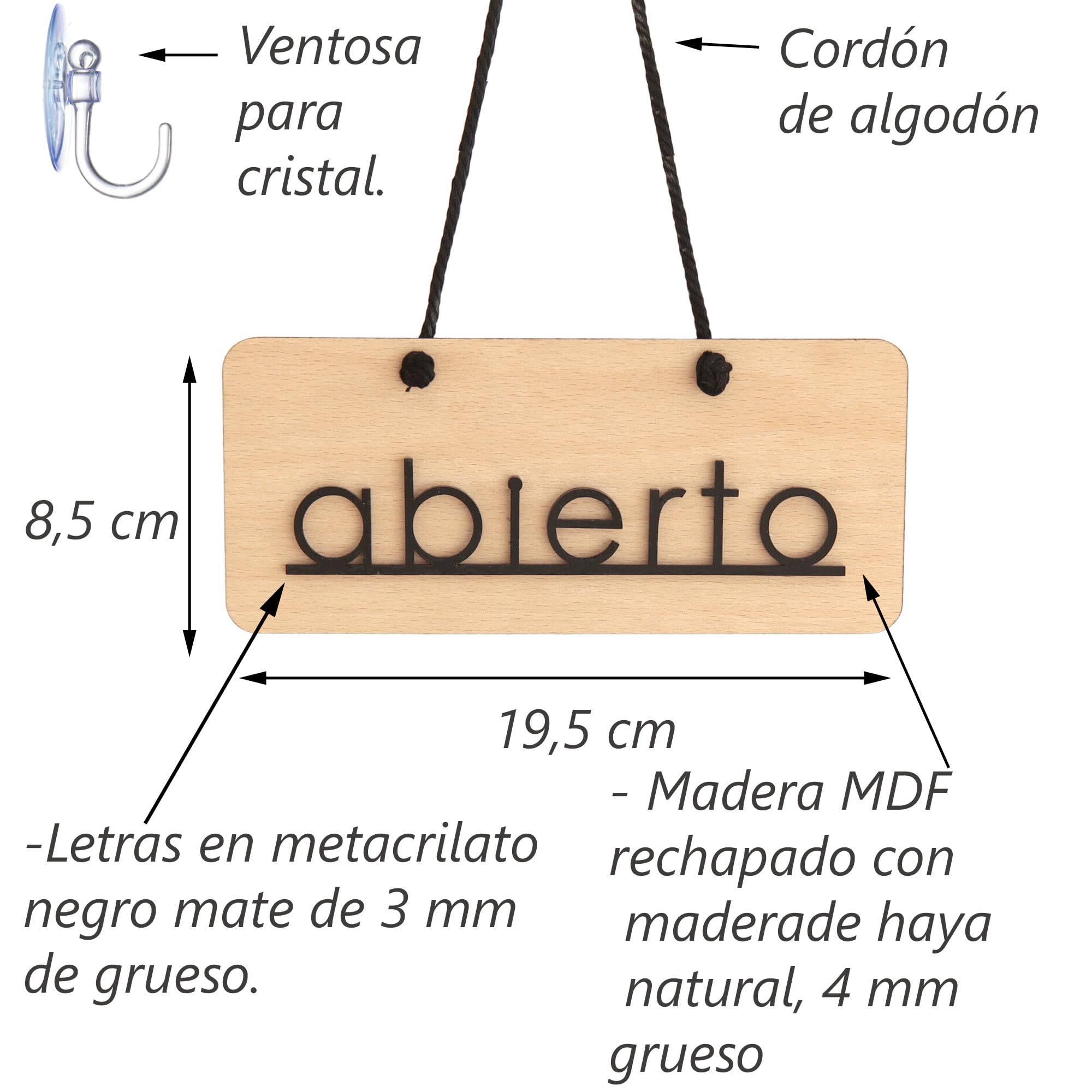 Cartel Abierto Cerrado con Ventosa para Tiendas, Negocios, en Madera y Metacrilato, Fabricado en España