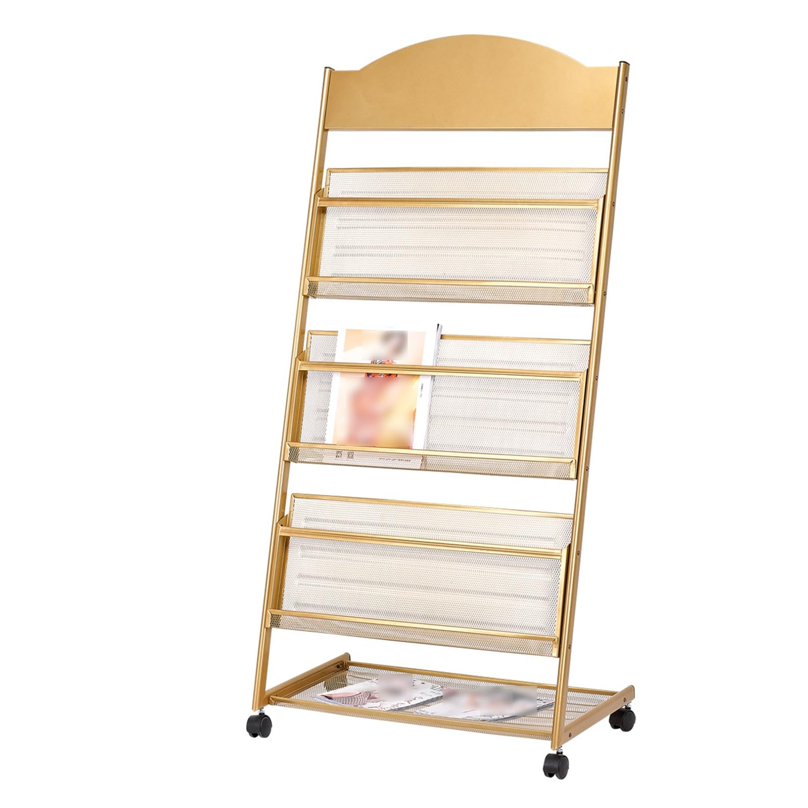 Jkjzsalj Gold 3/4-Layer Iron Magazine Rack With Wheels,Mobile Display Rack,Floor-Standing Brochure Stand,For Offices,Trade Show Exhibitions Office Retail Store,-48X36.5x143cm