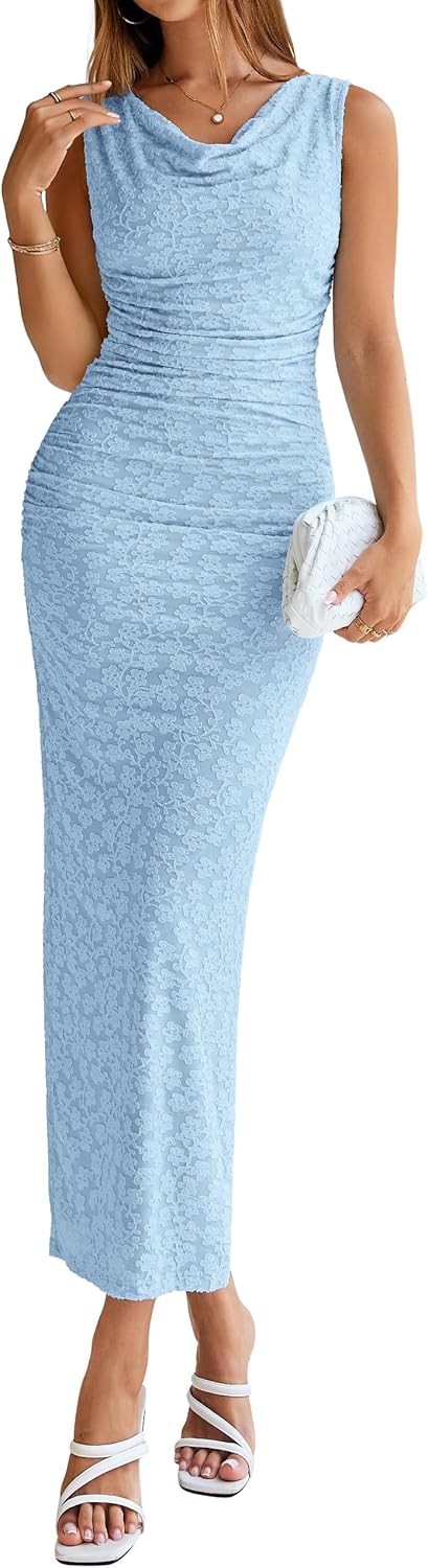Simplee Womens Summer Floral Maxi Dress Sleeveless Cowl Neck Stretch Bodycon Cocktail Party Wedding Guest Dresses