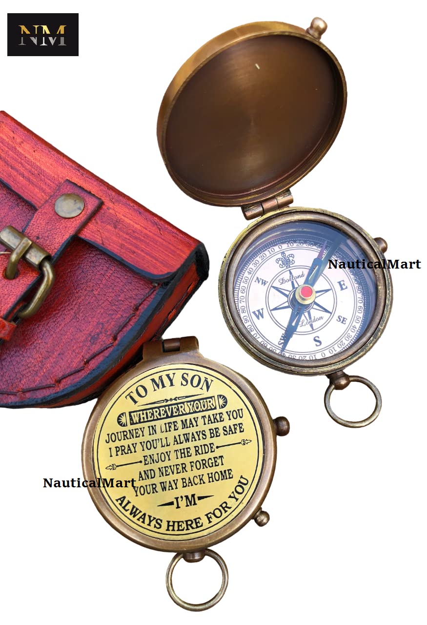 Brass Engraved Compass to My Son, Nautical Marine Pocket Compass Gifts for Son, Mom to Son Compass, Dad to Son Compass, Love Mom-Love Dad Directional Compass