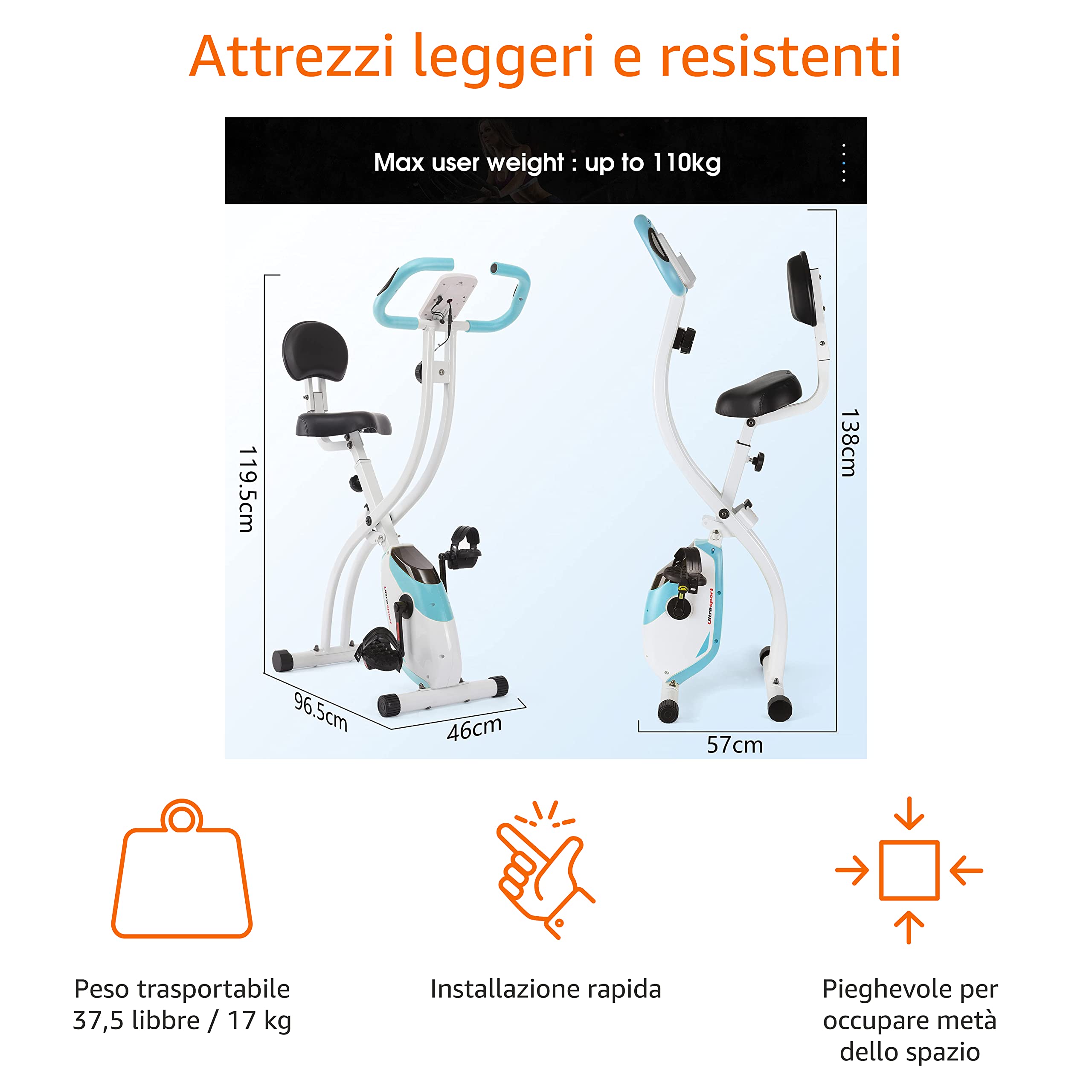 Ultrasport F-Bike Cyclette da Casa Pieghevole I Cyclette Pieghevole da Casa fino a 130 KG con Sella Extra Confortevole, LCD Display e Sensori delle Pulsazioni, Cyclette da Camera