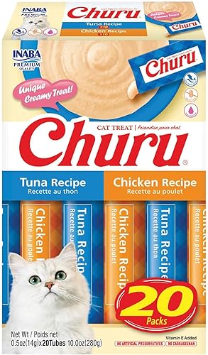 INABA Churu - Golosinas para gatos, puré para lamer con vitamina E, 10 recetas de atún y 10 recetas de pollo