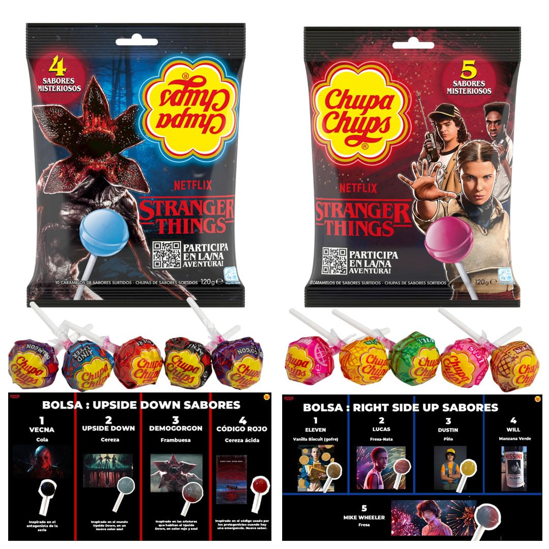 iChuches | Chupa Chups Stranger Things – Sabores Misteriosos Inspirados en los Personajes de la Serie | Edición Especial Surtida (20 uds) | Caramelos con Palo Coleccionables (Surtido 20 Unidades)