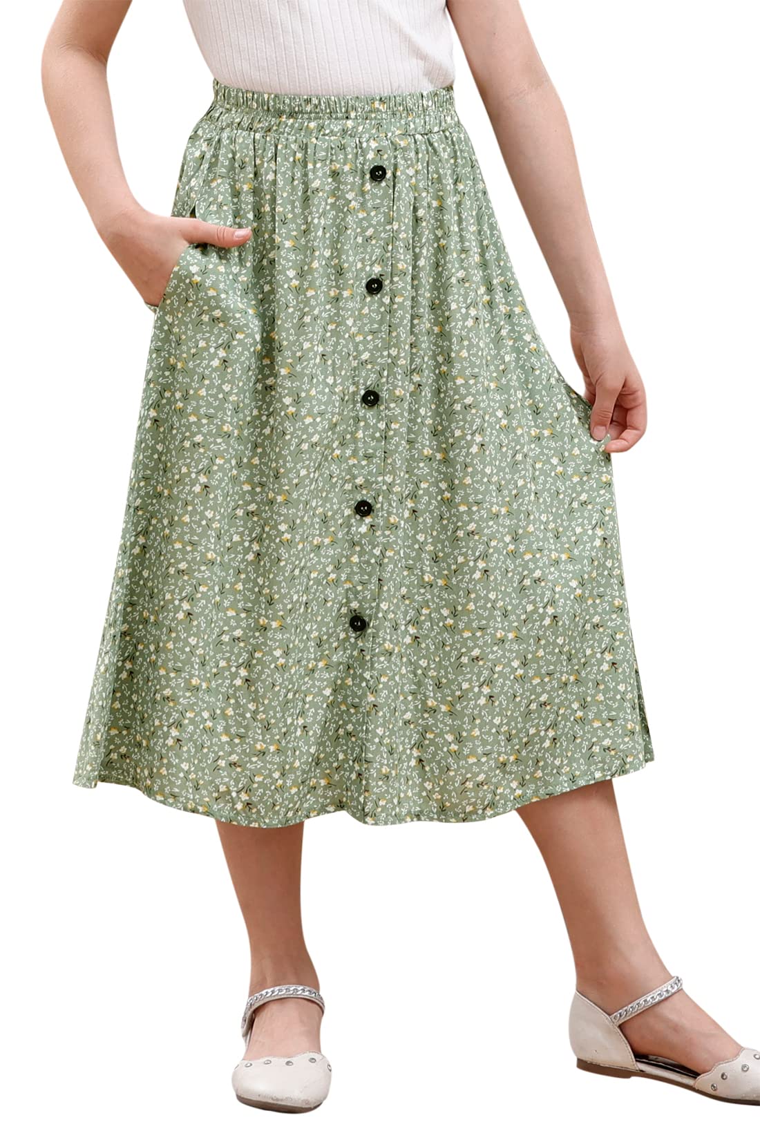 GORLYA Girls A-Line Elastic High Waist Pleated Swing Maxi Skirt with Pockets for 4-14T