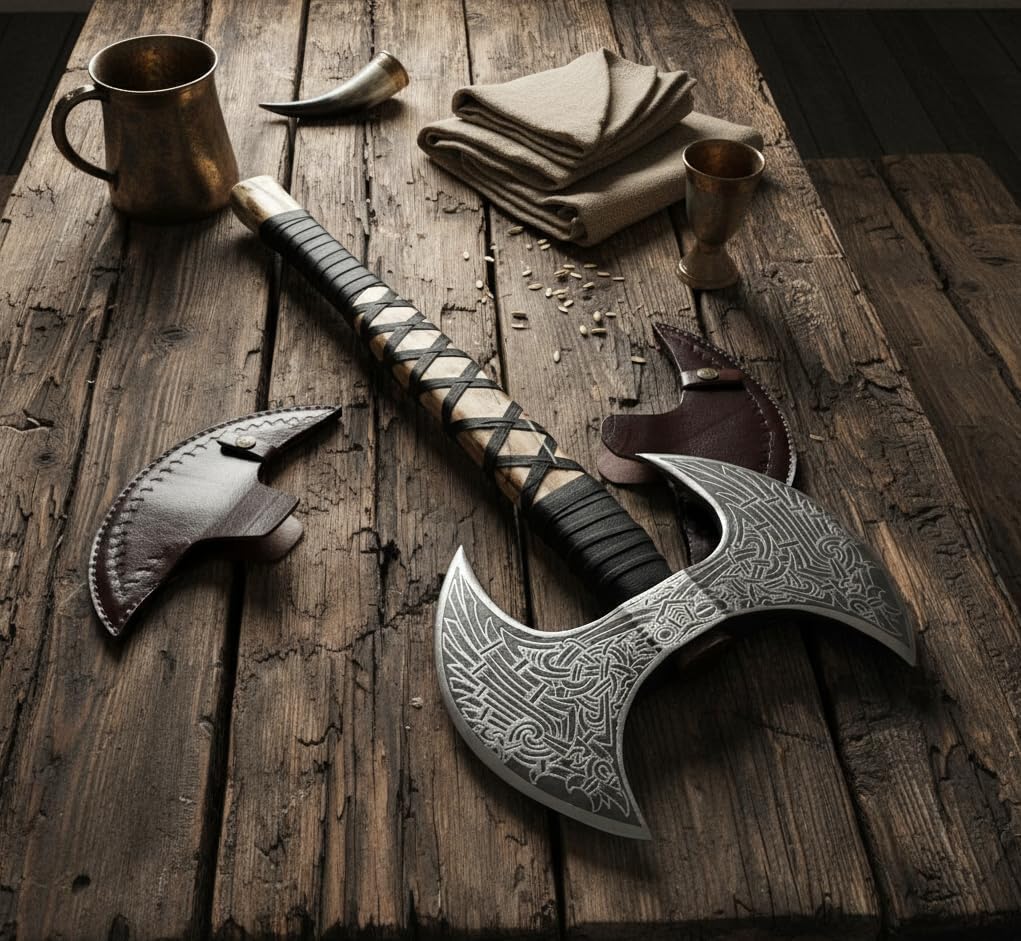 Double Headed Viking Axe – Handmade High Carbon Steel Battleaxe with Wood Shaft | Double Sided Odin's Style Blades Axe | Custom Gift for Vikings Lovers