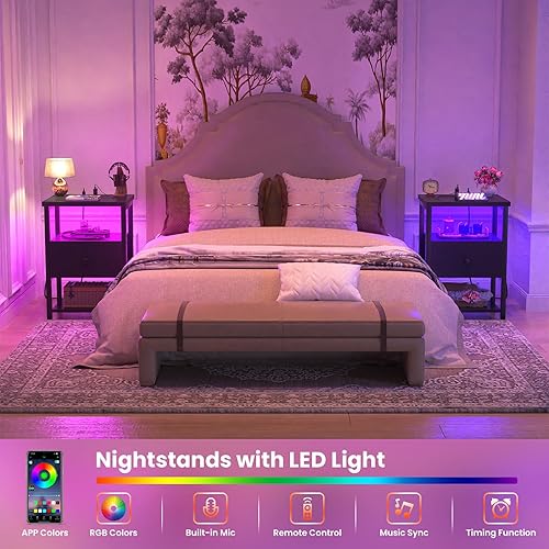 Miniatura 4 de Juego de 2 mesitas de noche con luces LED, soporte de noche de 3 niveles con estación de carga, mesa auxiliar con cajón de madera ajustable, mesita