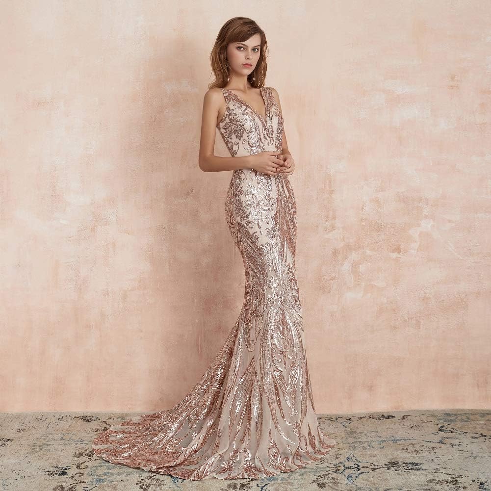 Engerla Mermaid V Neck Evening Dresses Sequind Prom Dresses Women's Party Dress Celebrity Pageant Gowns