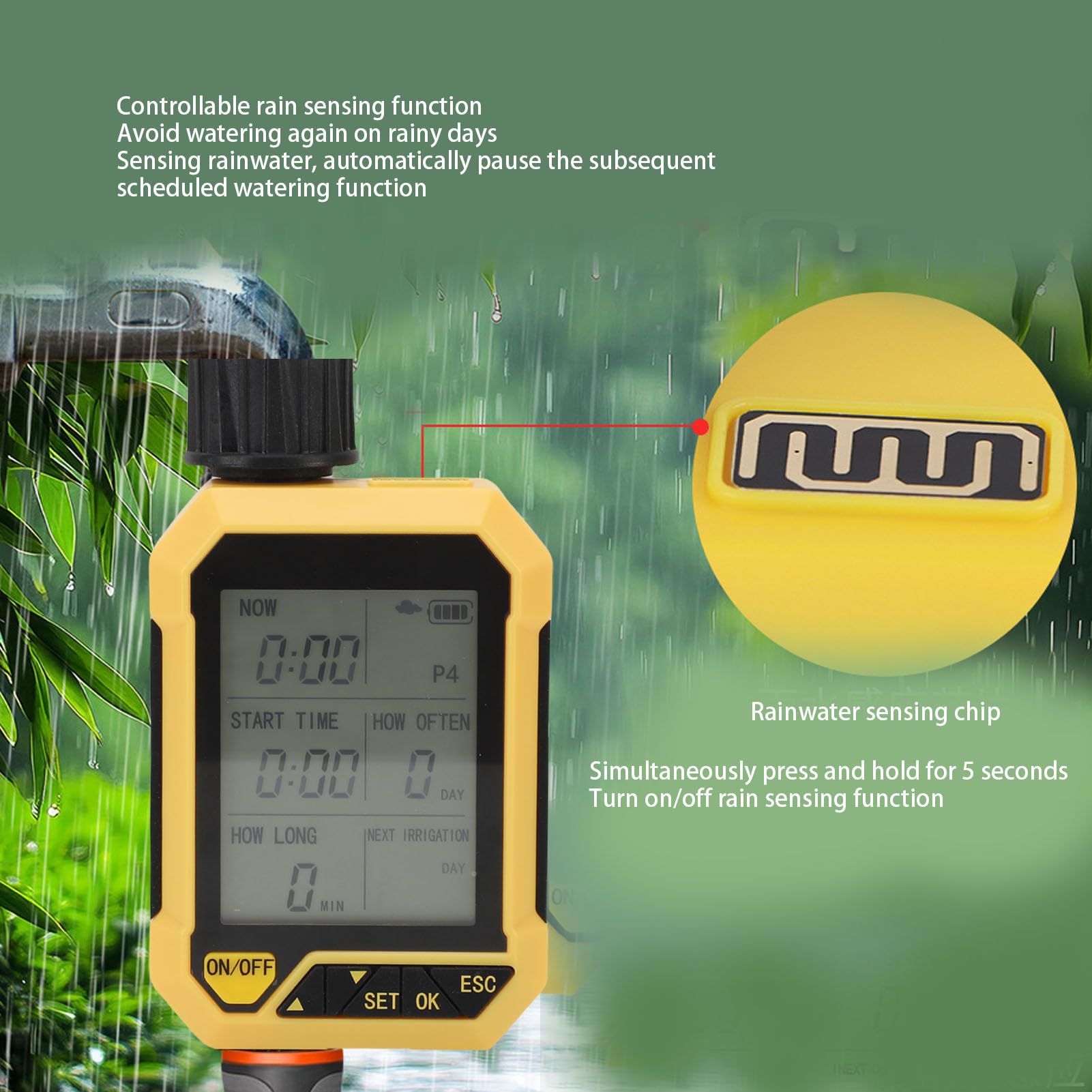 Bewässerungscomputer mit Regen-Sensor, 4 Programmierbare Zeitpläne, ABS und Messing Material, Automatische Gartenbewässerung für Rasen und Garten