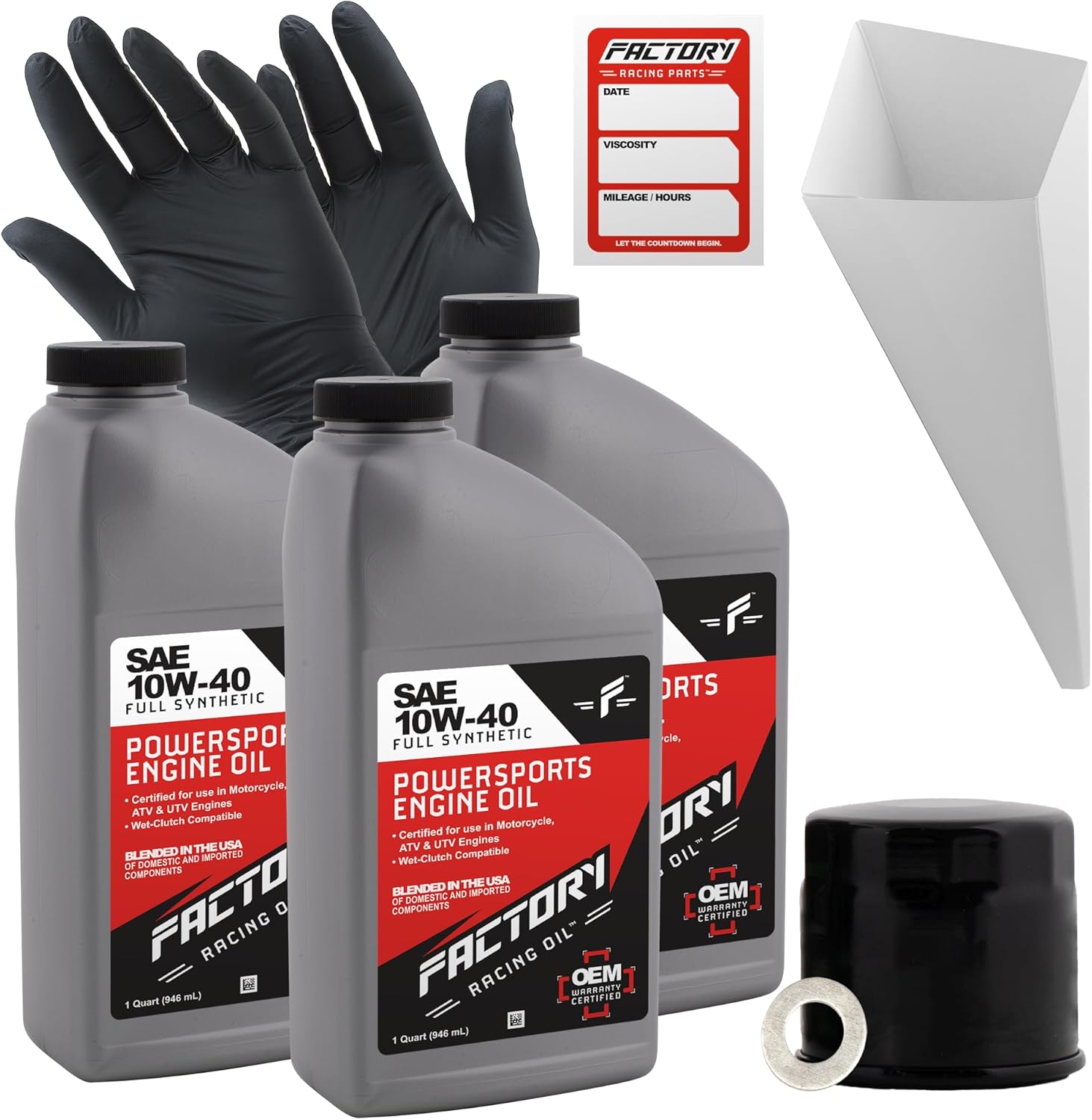 Factory Racing Parts Oil Change Kit compatible with Suzuki LT-A500X LT-A450X LT-A750X –Includes 3 Quarts of 10W-40 Full Synthetic Oil, 1 Filter, 1 Crush Washer, 1 Funnel, 1 Oil Change Reminder Sticker