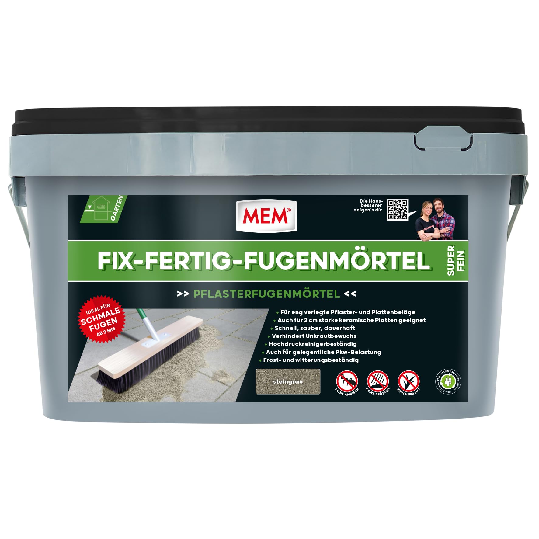 MEM Fix-Fertig-Fugenmörtel Fein Steingrau – 20 kg – Gebrauchsfertiger Pflasterfugenmörtel für Enge Fugen ab 3 mm – Frost- & Wetterbeständig – Für Naturstein, Beton, Klinker & Keramik